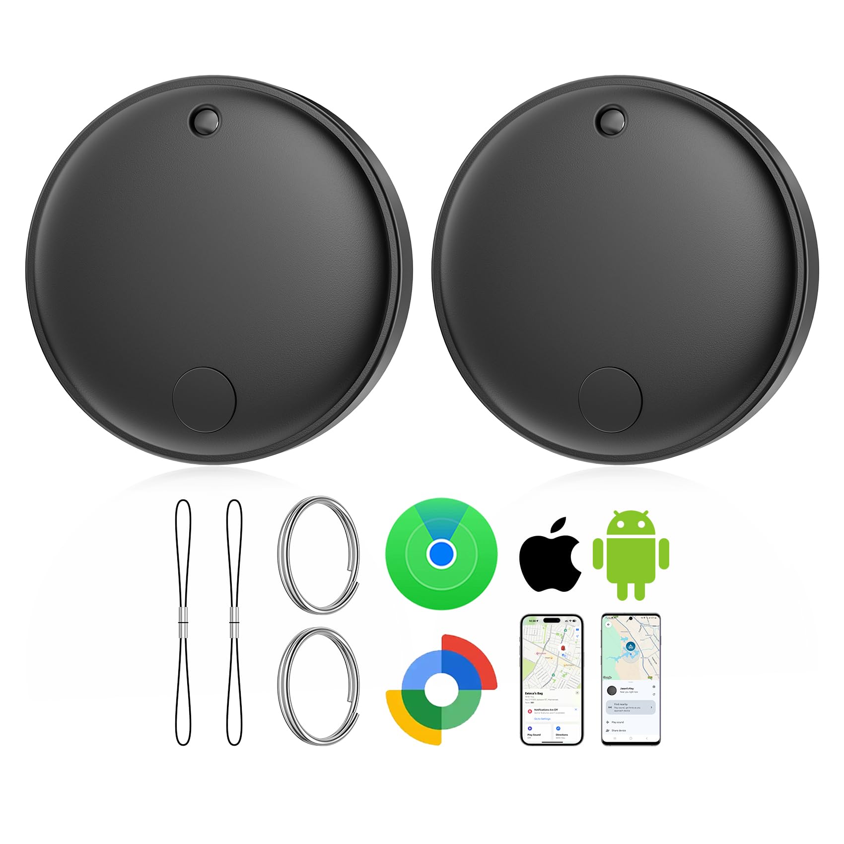 Eelexa Smart Tag Tracker, Dual System(Both iOS&Android) Air Tracker Tag, Compatible with Apple Find My or Google Find Hub Smart Keys Finder Item Locator with Waterproof&Light (Black-2Pack)