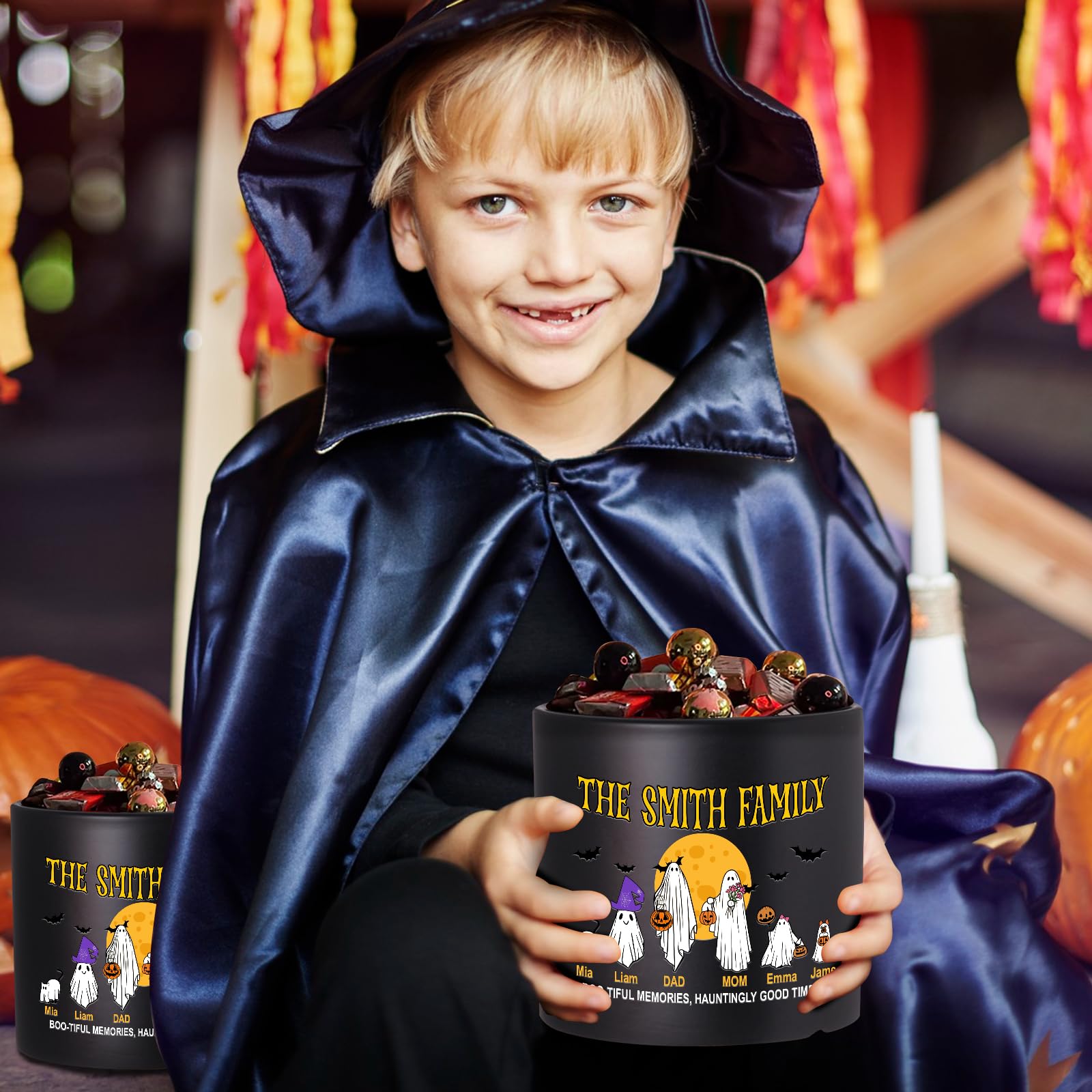 Personalized Halloween Candy Bowl - Trick or Treat - Halloween Decorations Ceramic Candy Bowl - Custom Family Gifts Halloween Party Bowls - Ghosts, Pumpkins, Skeletons, Witch Brooms(S:3.9*3.9*4.3in)
