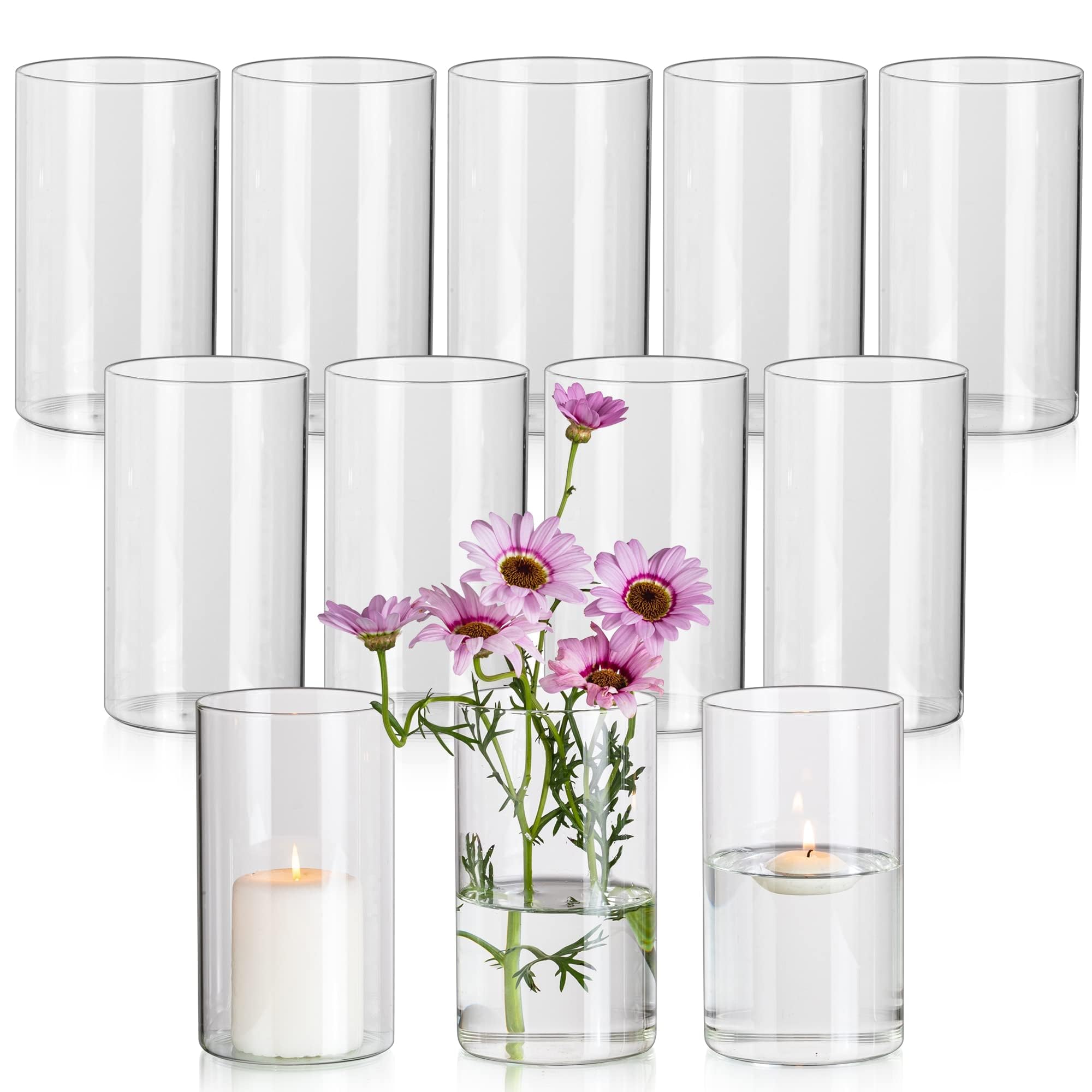 Glasseam Clear Hurricane Cylinder Vase for Flowers - 12Pcs Modern Glass 15 x 8.5 cm for Table Decoration, Wedding Centerpieces and Home Decor