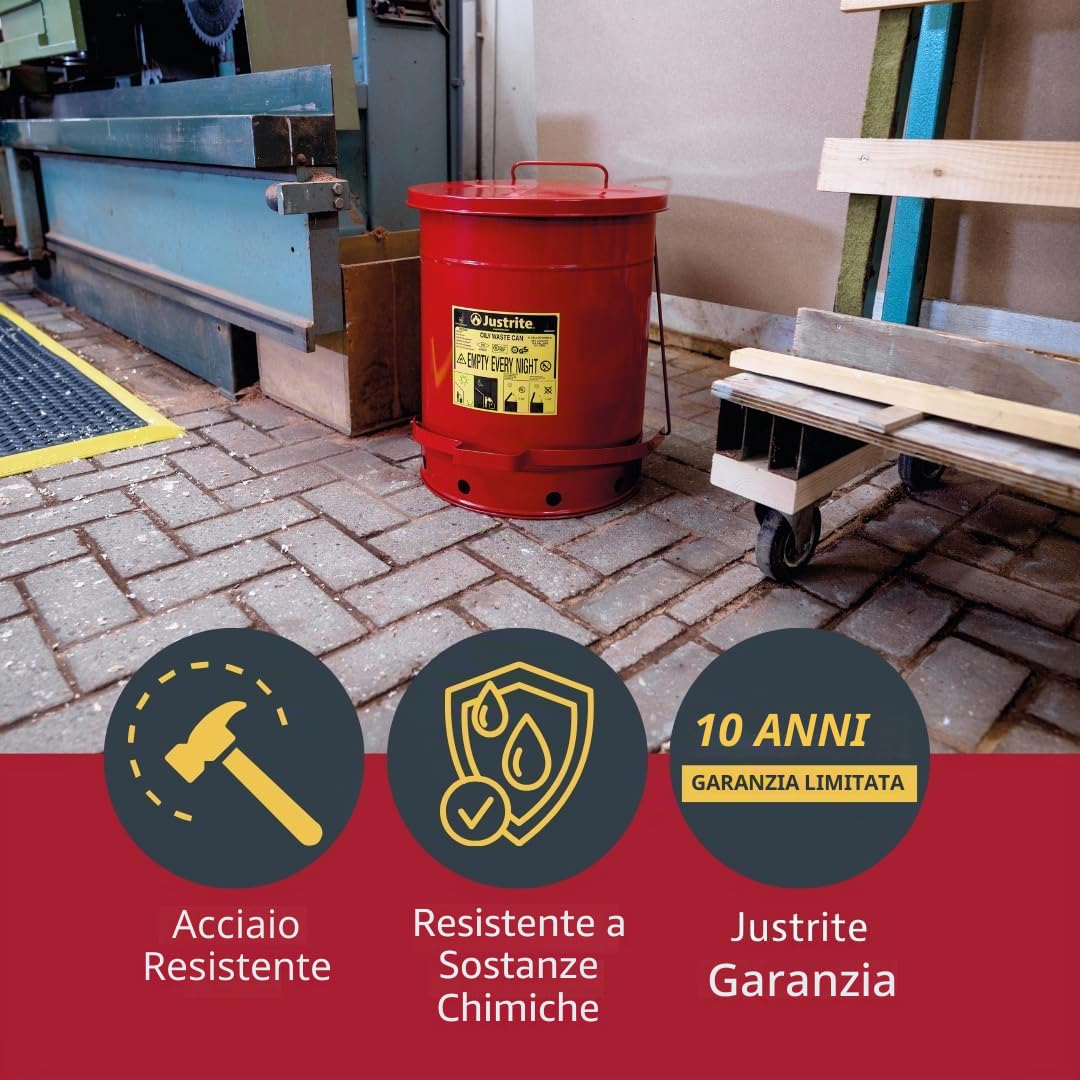 Justrite Tanica di sicurezza per rifiuti oleosi in acciaio zincato 09100, con leva a pedale, capacità 20 l, diametro esterno 28 cm x 30,3 cm, colore rosso
