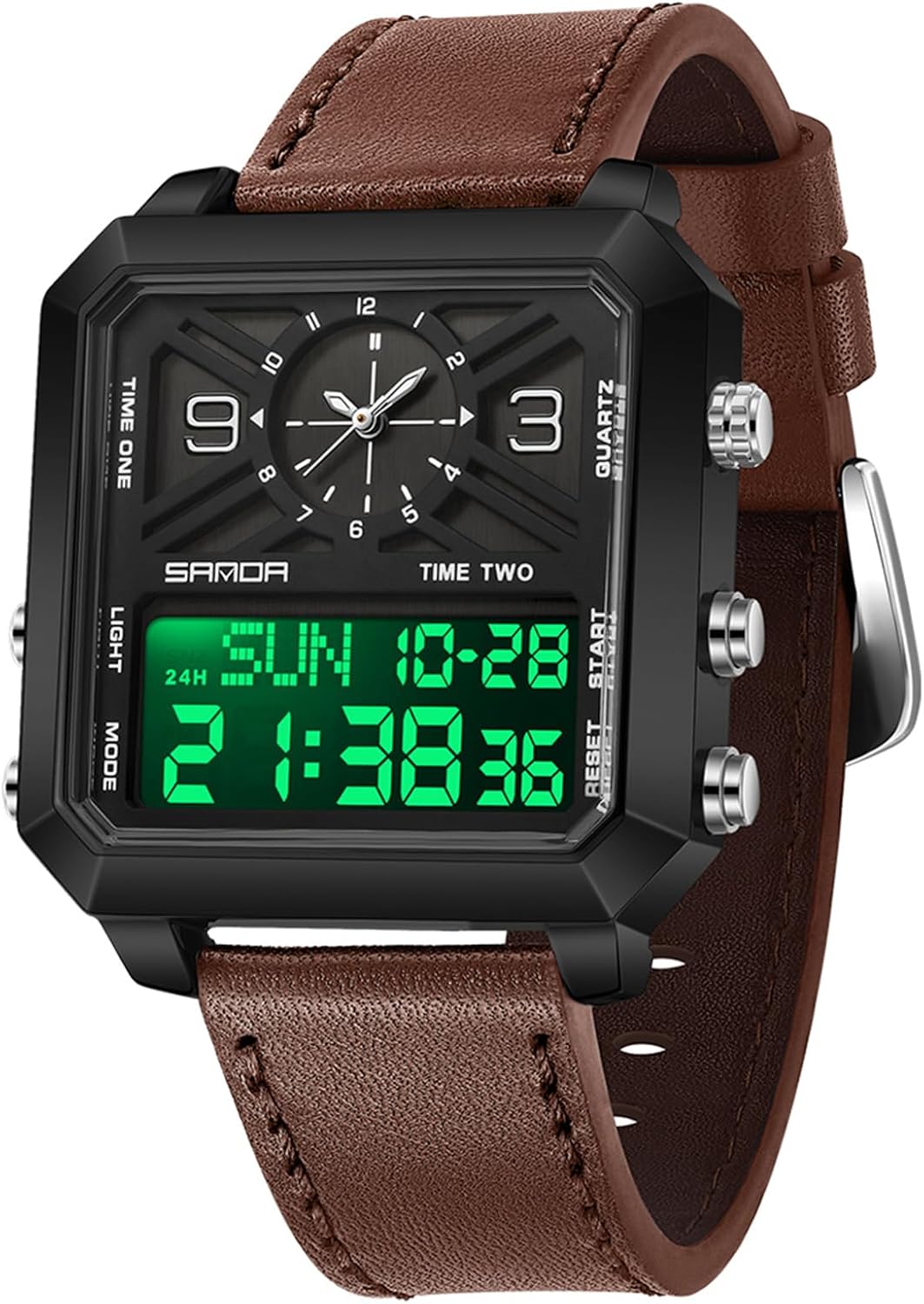 Gosasa Fashion Men’s Digital Analog Watch Square Large Face Waterproof Sports Casual Quartz Wristwatch Leather Strap with Dual Time, Alarm, Luminous Display