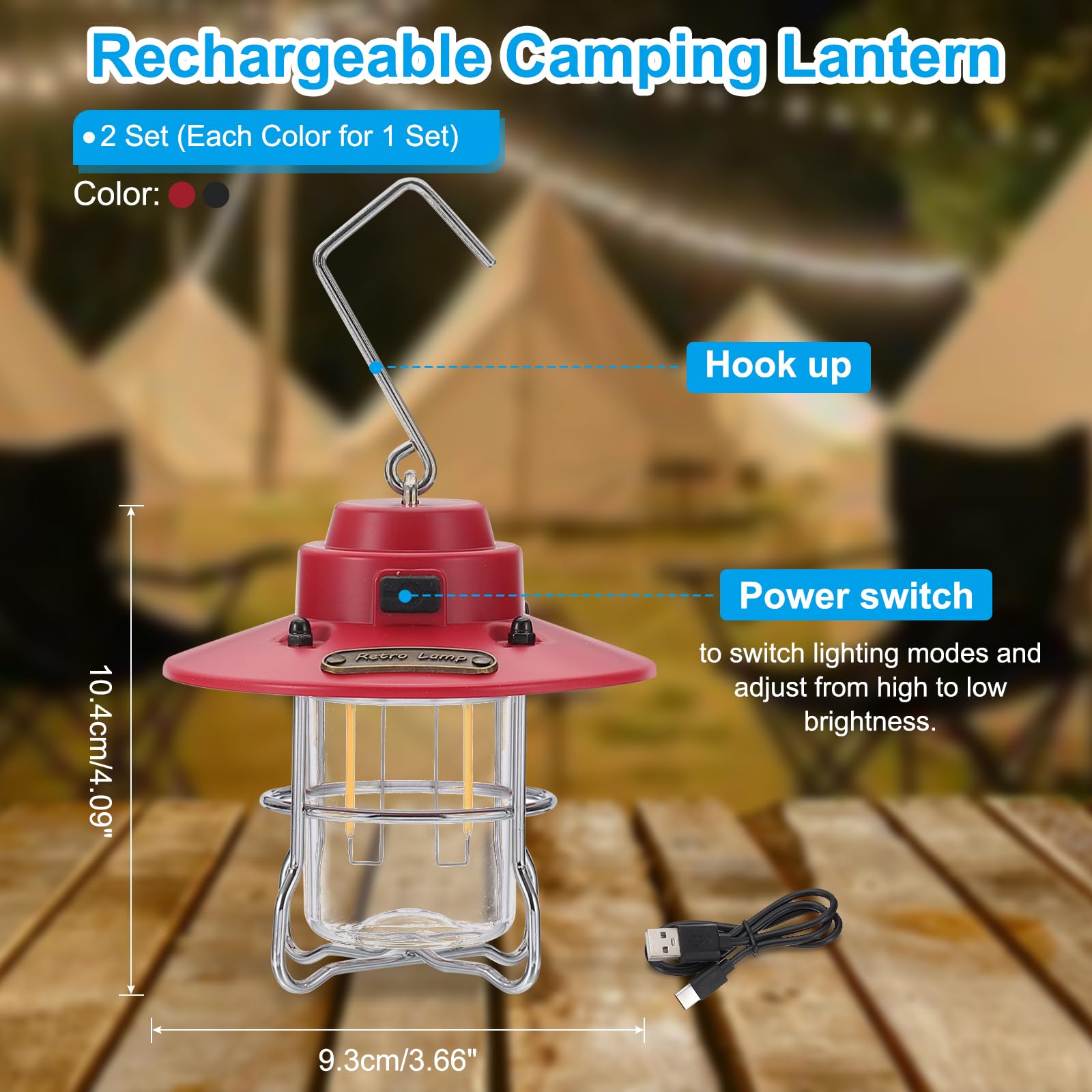 PATIKIL Lanterna da campeggio a LED, confezione da 2 lanterne ricaricabili vintage, 3 modalità di illuminazione, portatile, da appendere, per campeggio, escursionismo, pesca, rosso, nero, 9 cm