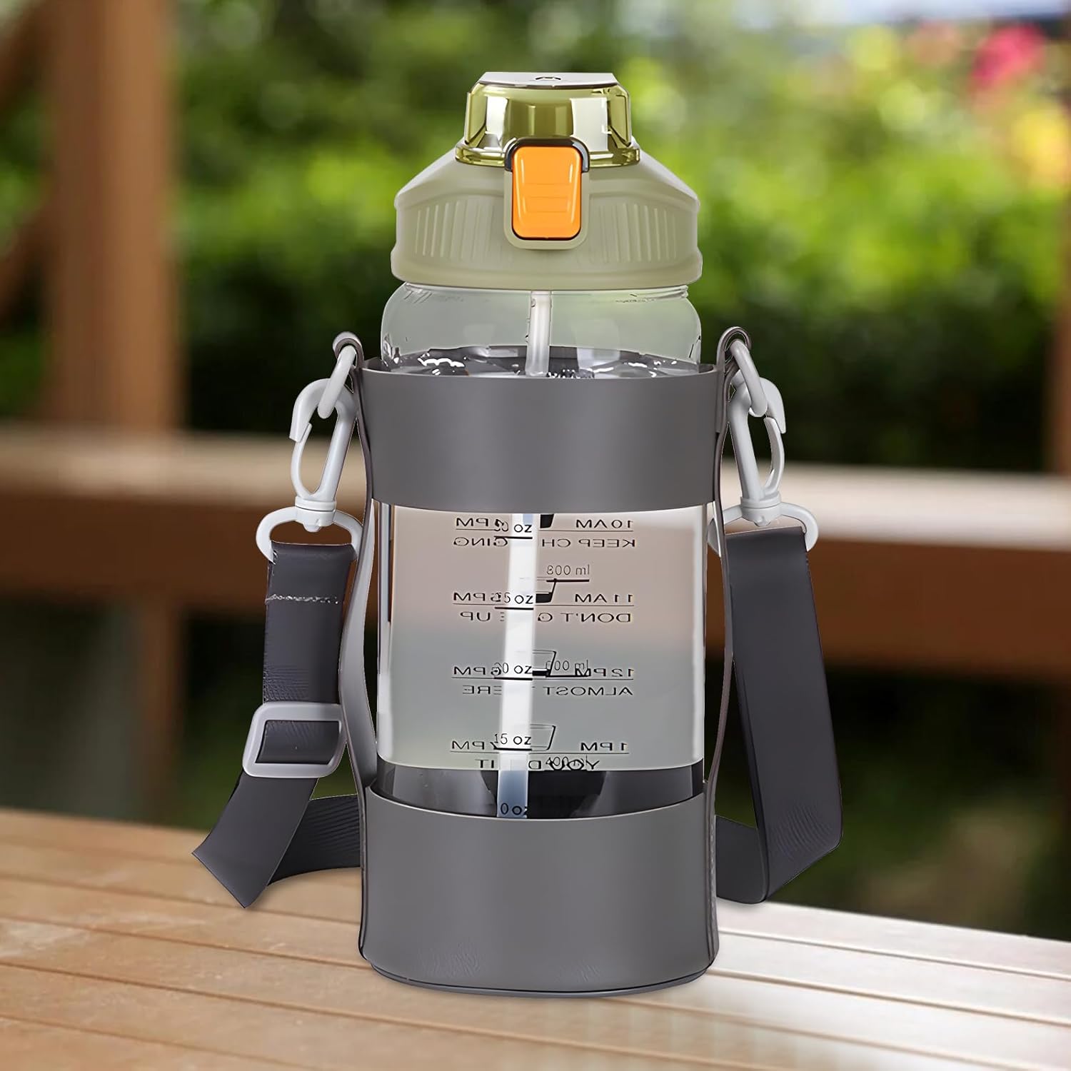 50 oz Glass Water Bottle with Time Markers and Carry Strap – 1.5L Borosilicate Motivational Jug with Straw Lid Sleeve for Gym Yoga Outdoor (Green)