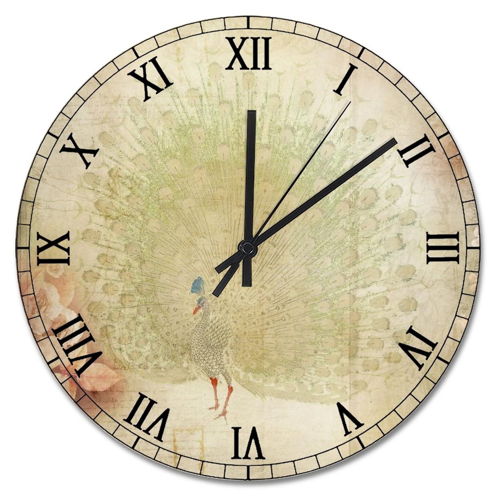 Horloge murale vintage en bois grand cadran lisible paon pour cuisine