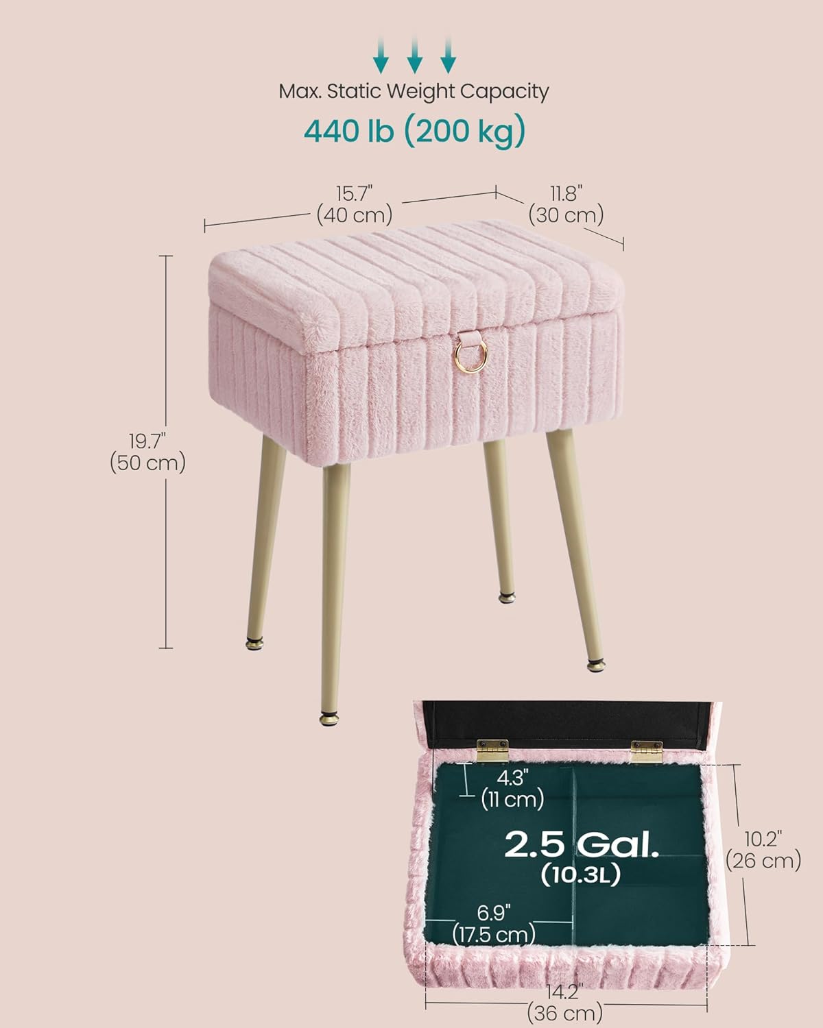 SONGMICS Vanity Stool Chair with Storage, Makeup Stool, Footrest Footstool Ottoman, Metal Legs, Adjustable Feet, for Living Room, Bedroom, Makeup Room, Jelly Pink ULOM505SZ02