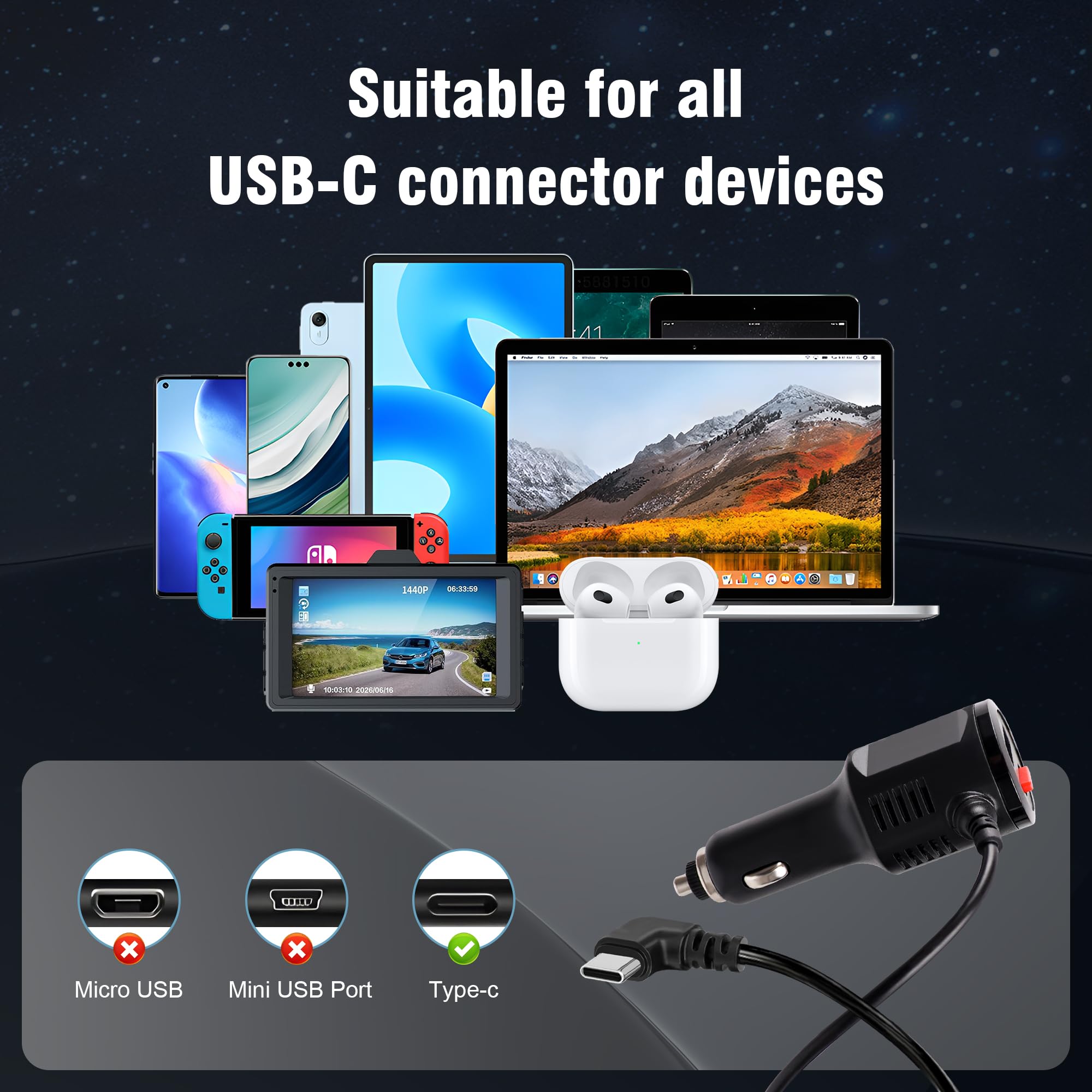 Dashcam-Ladegerät, USB C, Dual-Port-Dashcam-Netzadapter mit Schalter, Typ C, 90 Grad abgewinkelt, Auto-Schnellladekabel für Redtiger/Vantrue/Garmin GPS-Navigator, 30 cm