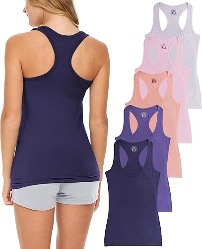 Sexy Basics Paquete de 5 camisetas sin mangas PowerFlex con espalda nadadora para mujer Camisetas sin mangas elásticas de algodón y elastano en