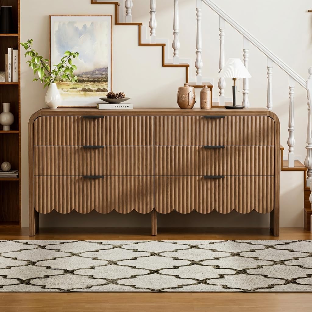 Modern Scalloped 6 Drawer Wide Dresser,59" Fluted Walnut Dresser with Black Handles,Closet Storage Organizer for Bedroom Nursery Room,TV Stand