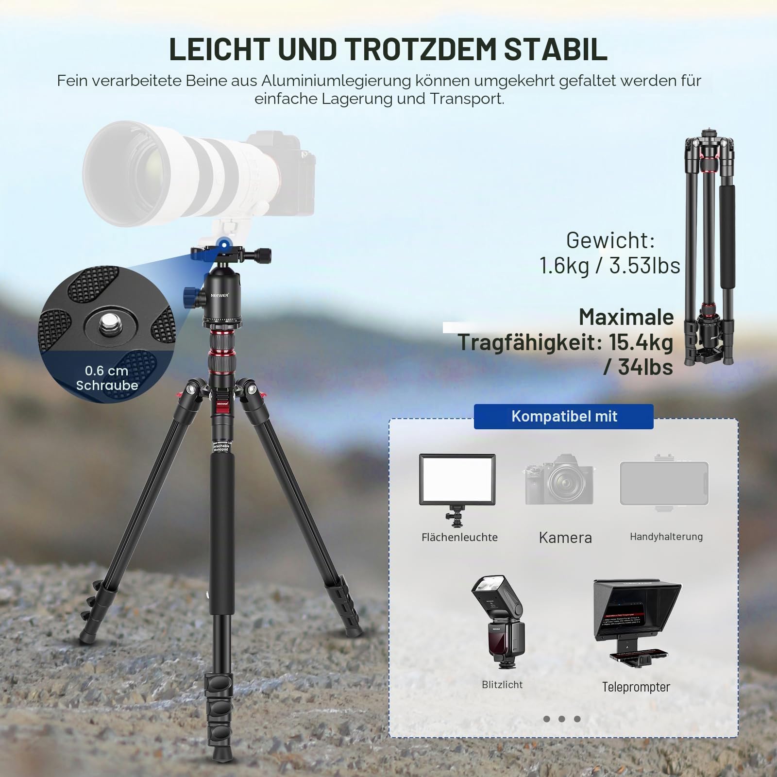 NEEWER 195,6cm Kamera Stativ Einbeinstativ mit Handyhalter, 360° Kugelkopf, Aluminium DSLR Tripod, Max 15,4kg, TP77