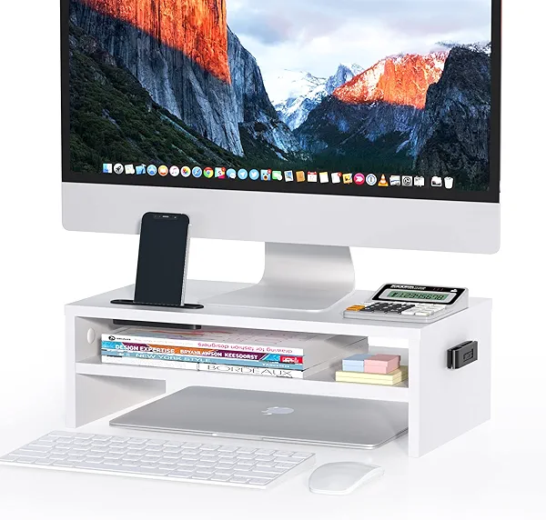 BONTEC Wooden Monitor Stand Riser, 2-Tier Desk Shelf with Storage Organizer, Ergonomic Computer Stand with Cable Management, Cellphone Holder, White, 16.5 Inch White 16.5 inch