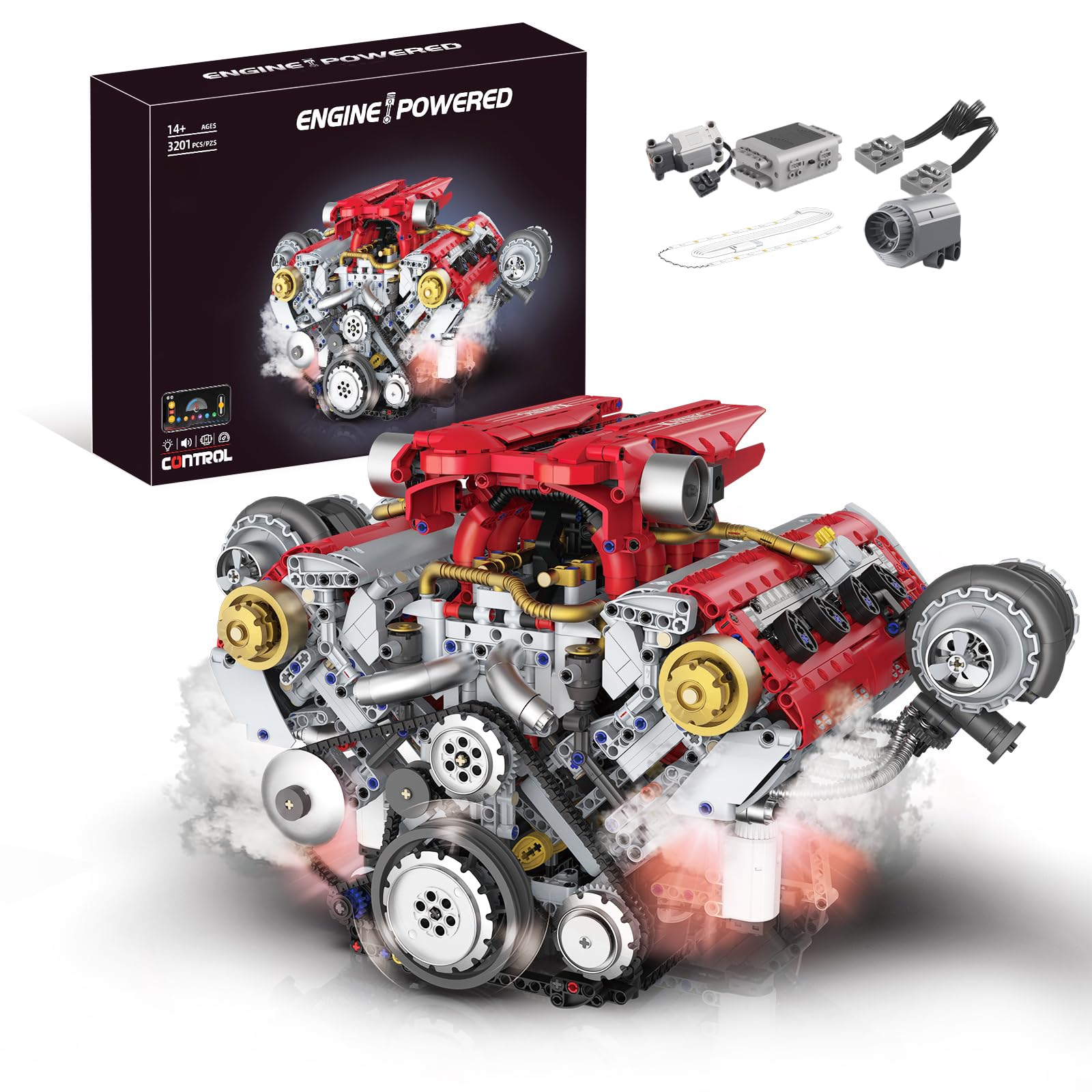 Technik V8 Motor Bauspielzeug Erwachsene, Auto Engine Modellbausatz mit Motor/Licht/Rauch, DIY-Hobbyprojekt MOC STEM Spielzeug, Geschenke für Kinder und Jugendliche 14+ (3201 Teile)