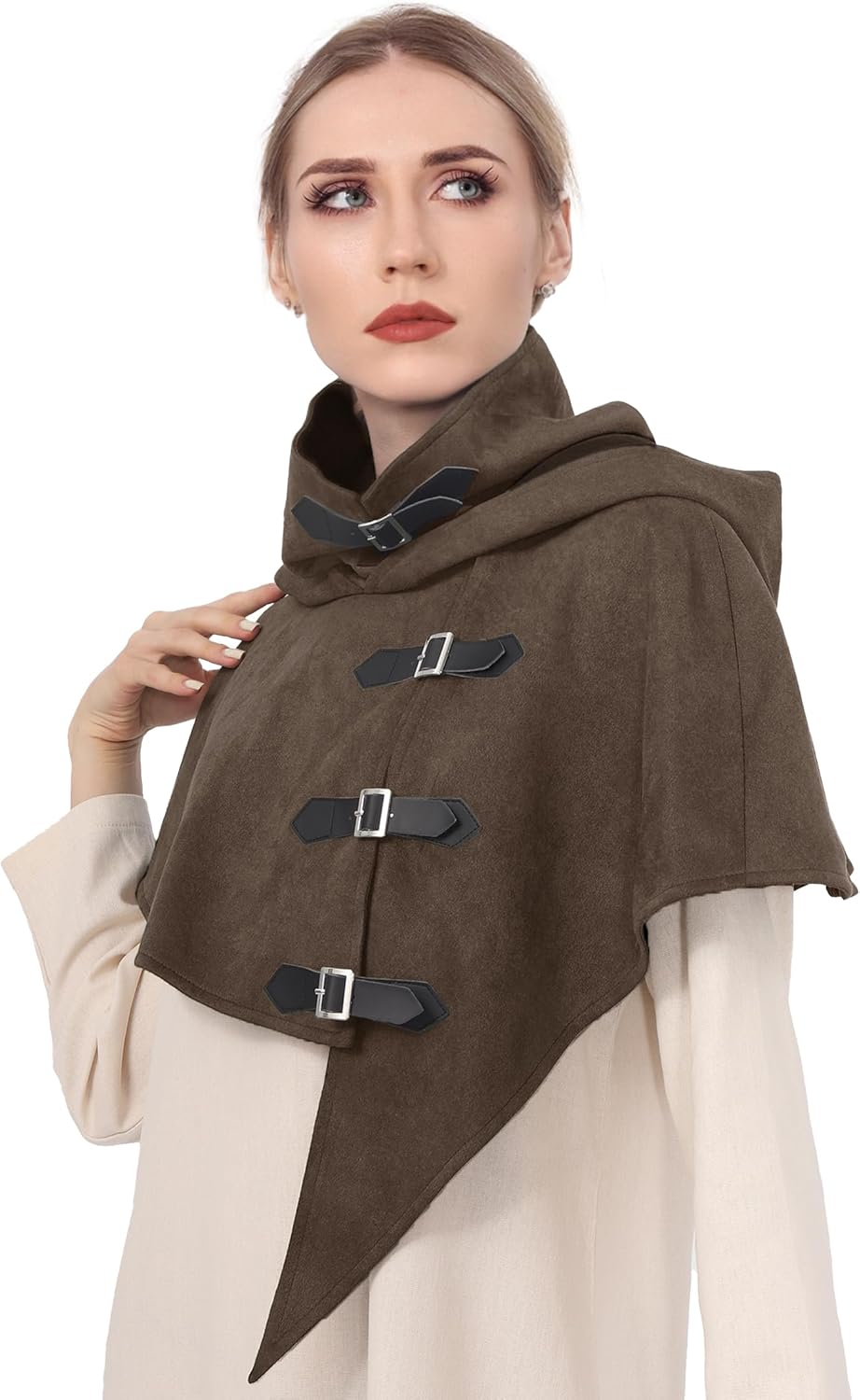 FURPHI Medieval Cowl Hood with Buckles Renaissance Hooded Cape Hat for Men Women Halloween Costume Accessories