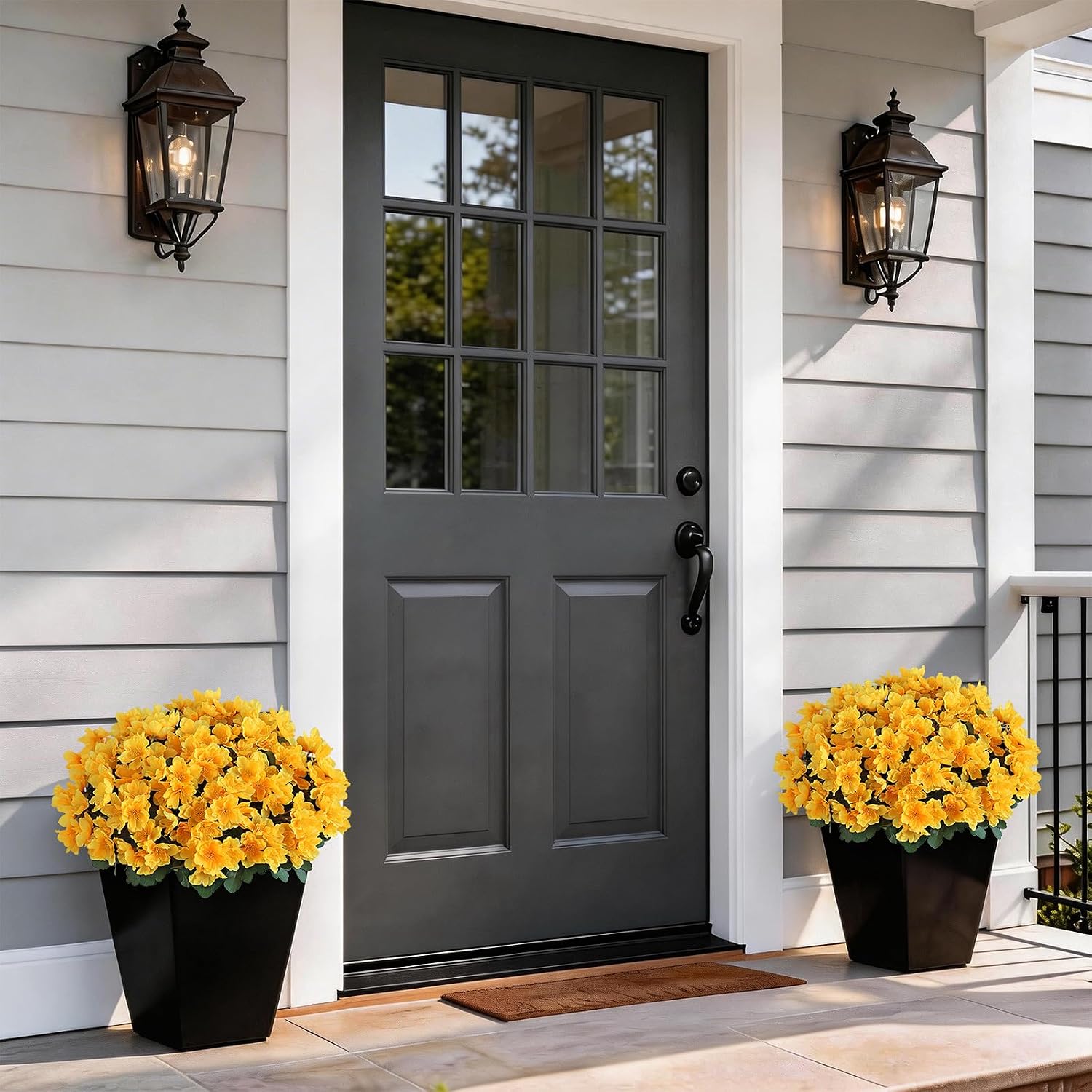 2 Sets of Artificial Camellia Topiary Ball Trees - Fake Flower Potted Plants, UV Resistant Faux Camellia Potted Bushes for Front Door, Farmhouse, Porch, Garden, Outdoor Decoration (Yellow)