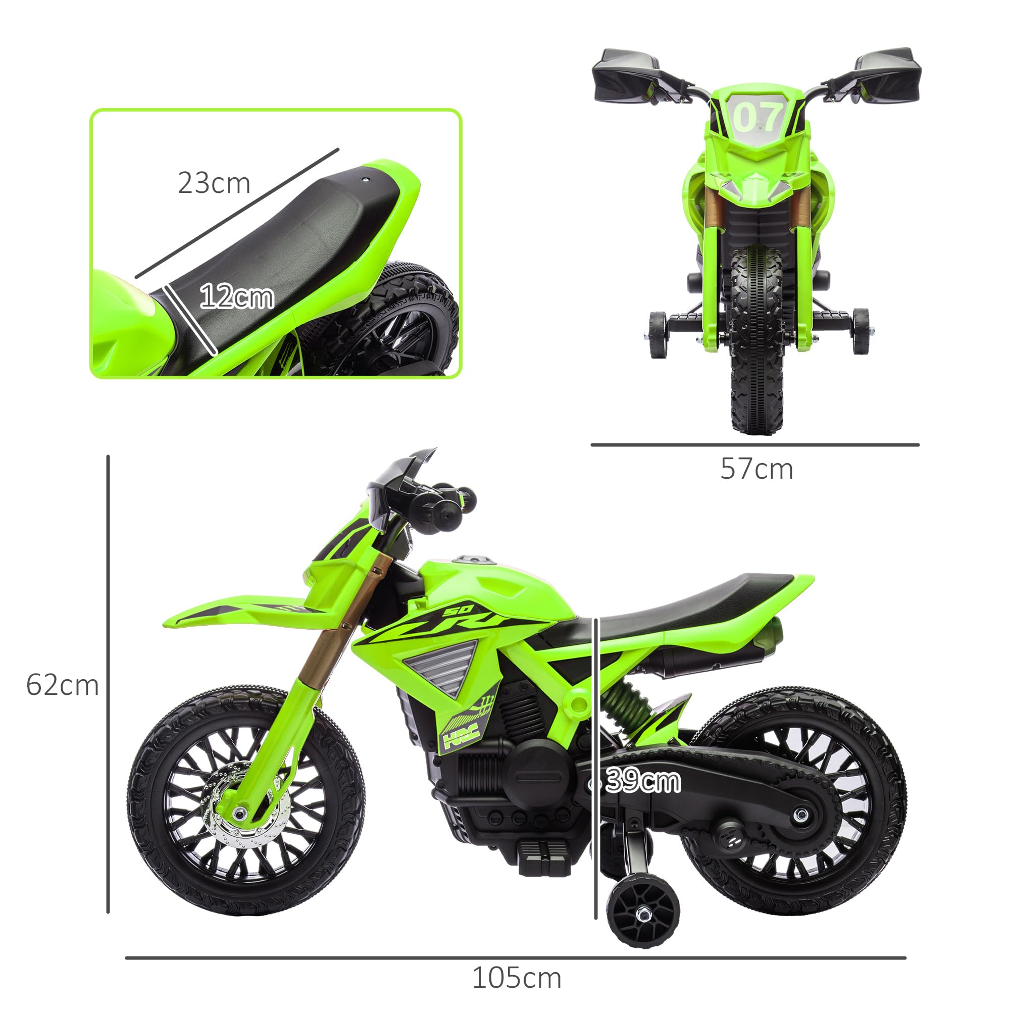 AIYAPLAY Elektro Kindermotorrad mit Hupe 3 km/h für Kinder 3-8 Jahre Grün | Elektromotorrad, Kinder Elektro Motorrad, mit 2 Stützrädern