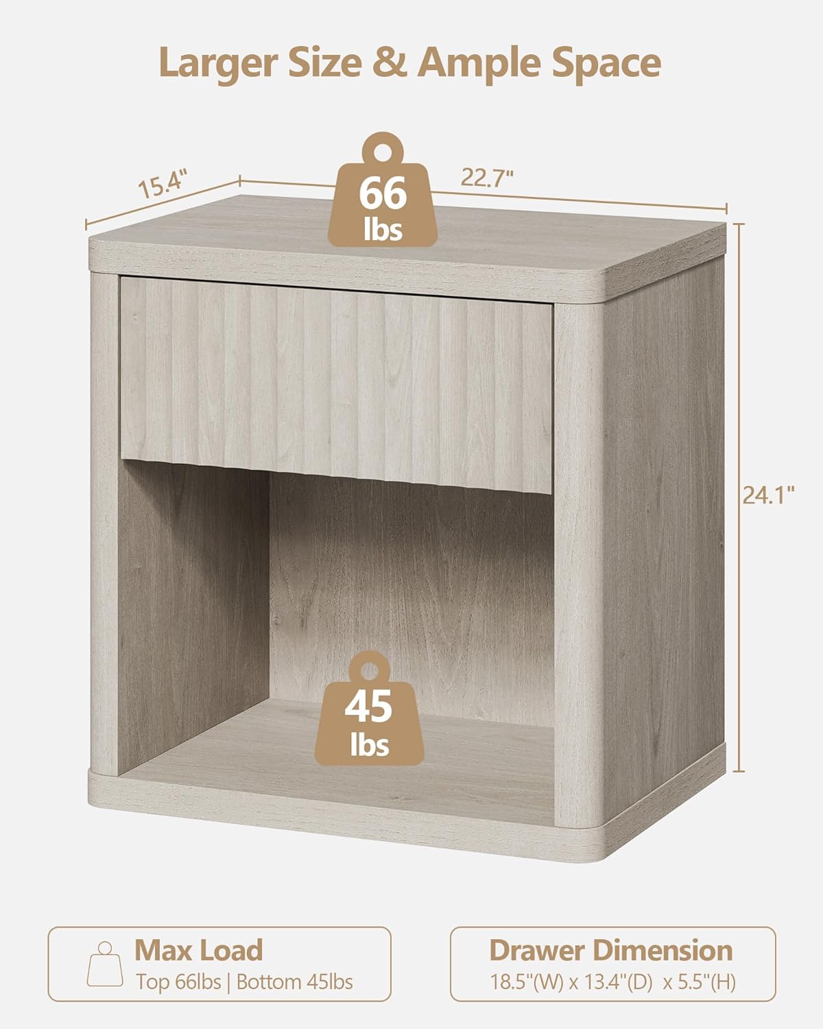 SICOTAS Night Stand Set of 2 Nightstands with Drawer Storage Fluted Bed Side Table End Table Large Modern Wide Bedside Stand Mid Century Night Stands for Bedroom Living Room Sofa Office, White Alder