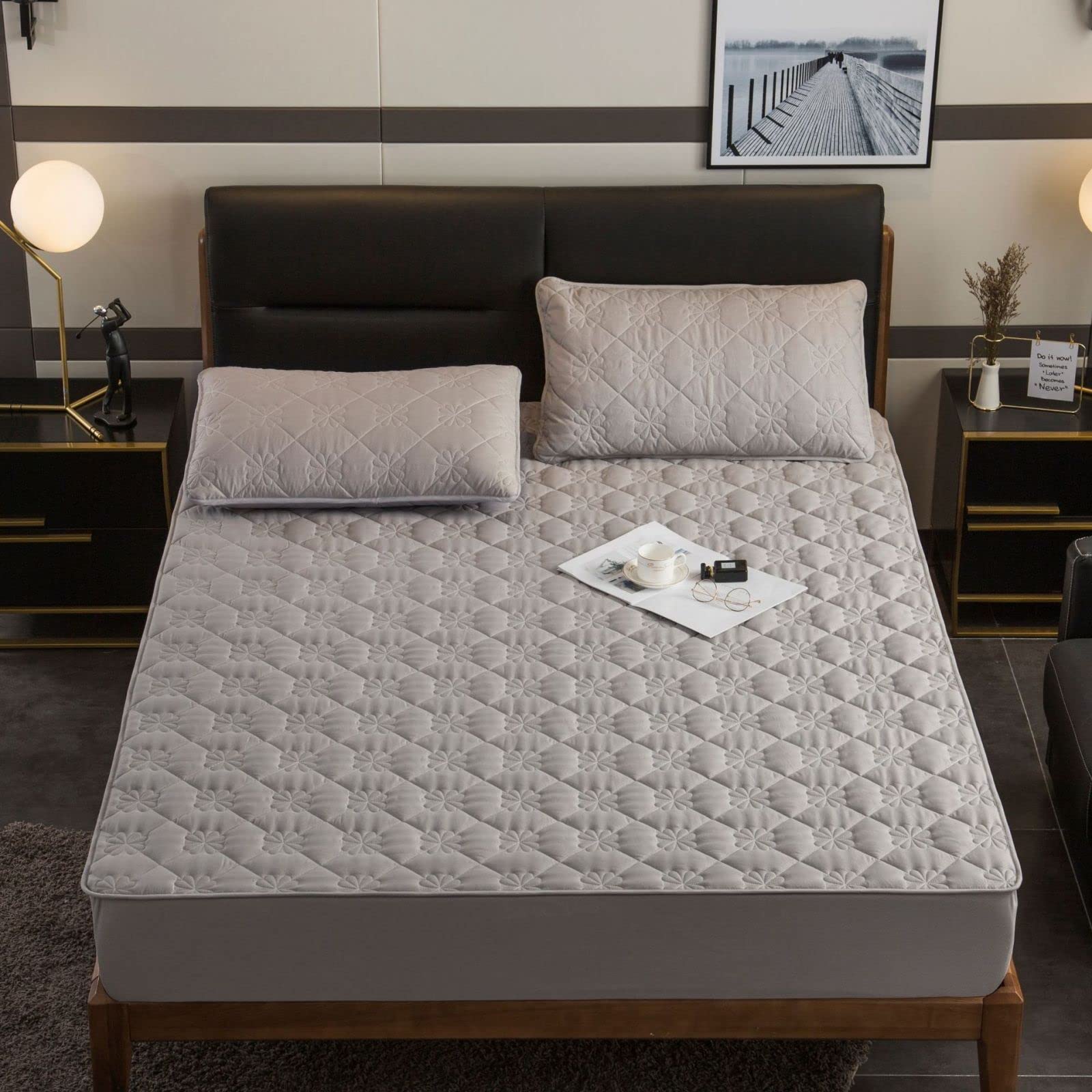 Housse Ajustable Tissu Doux sans Plis 150x200cm + 30cm, draps-Housses matelassés en Coton de Couleur Unie pour hôtel, protège-Matelas épaissi pour Chambre Gris Clair