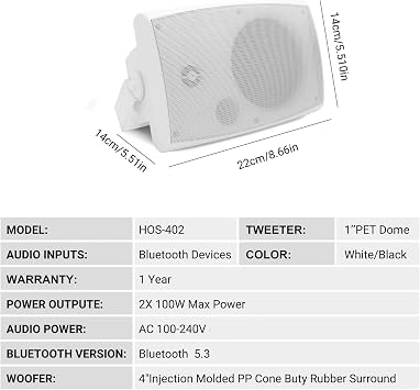 Herdio 4 Inches 200 Watts Outdoor Bluetooth Speakers, Bluetooth 5.3,TWS Stereo Paring,Wall Mount Speaker System Waterproof Suitable for Patio Home Poolside Deck Backyard (Pair, White)