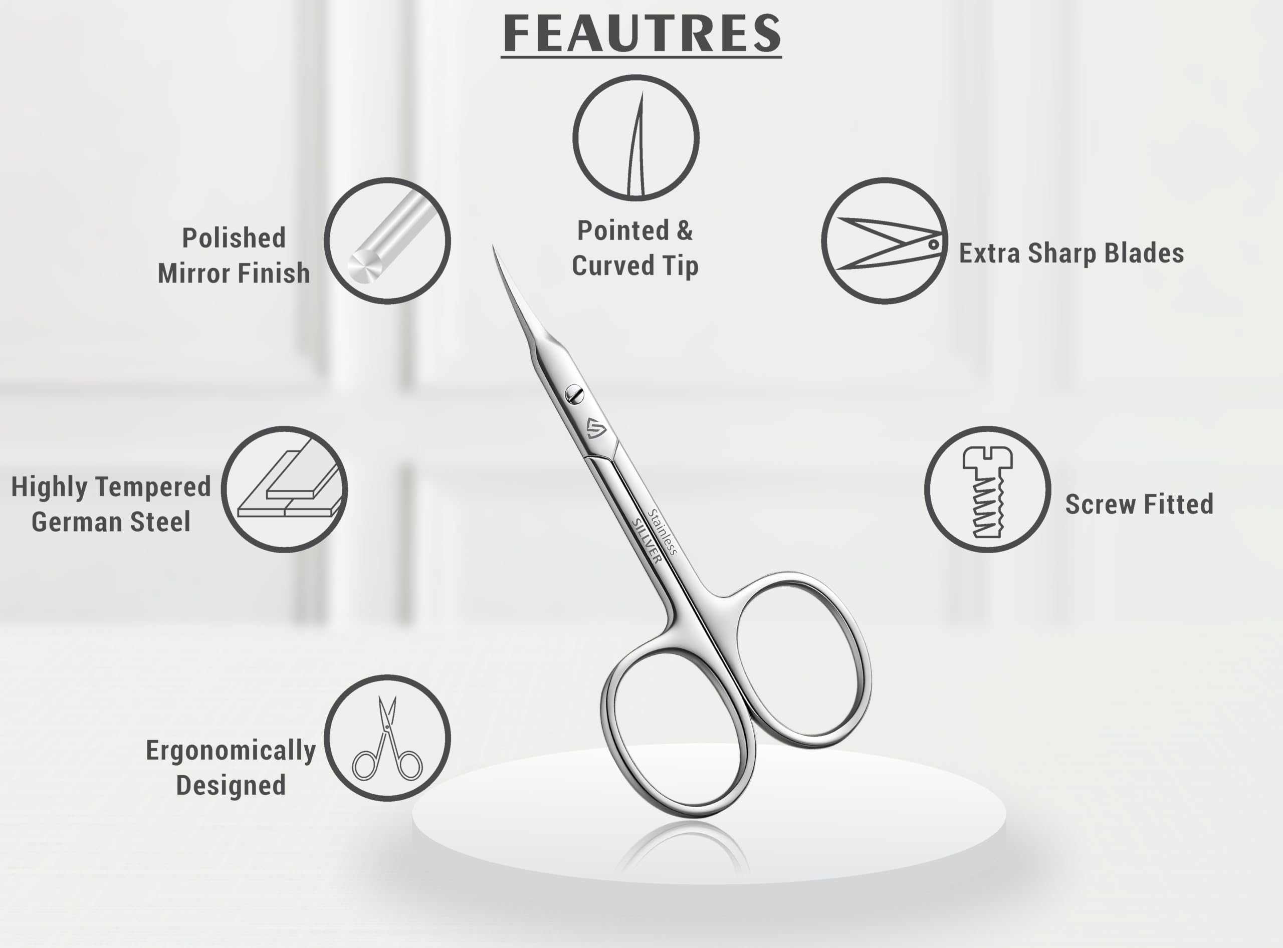 Tijeras para cutículas, hoja curvada, punta extrafina, tijeras de manicura profesional, tijeras de aseo para cutículas, barba, nariz, pelo, pestañas, bigote, tijeras de cejas