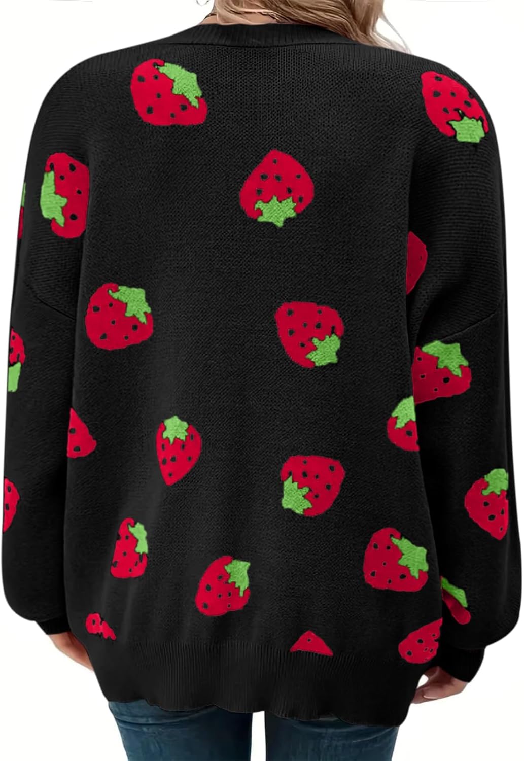 Women's Plus Size Strawberry Floral Print Long Sleeve Open Front Knit Cardigan Sweater - Image 5