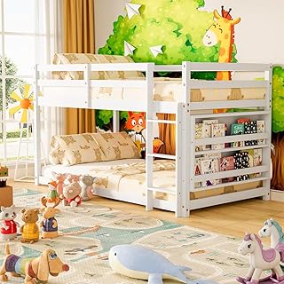 TOLEAD Low Bunk Bed Twin Over Twin, Floor Bunk Bed with Bookshelf&Ladder, Twin Bunk Bed with Full Guardrails, Wooden Bunk Bed for Juniors, Boys, Girls, Kids, Bedrooms (White)