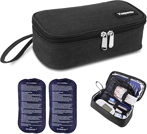 Vcspenkr Bolsa de viaje para enfriar insulina, bolsa de transporte para medicamentos diabéticos con 2 paquetes de hielo de 7.05 oz, organizador