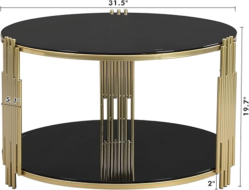 Miniatura 2 de Merax Mesa de centro con espejo, metal asimétrico, base de tambor de metal circular, estante inferior con acabado dorado moderno, negro