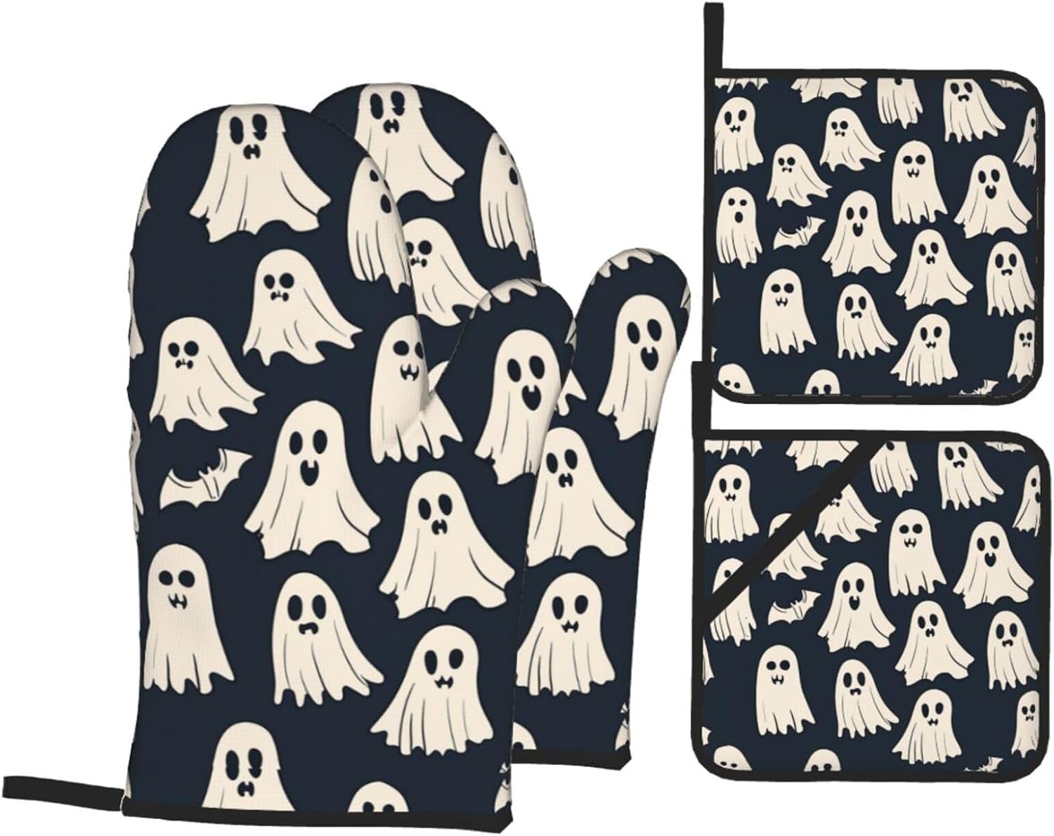 Oven Mitts and Pot Holders 4 Pcs Set, Spooky Ghosts Bats Halloween Holiday Heat Resistant BBQ Gloves Potholders Extra Thicken Long Kitchen Oven Glove for Cooking Baking Grilling