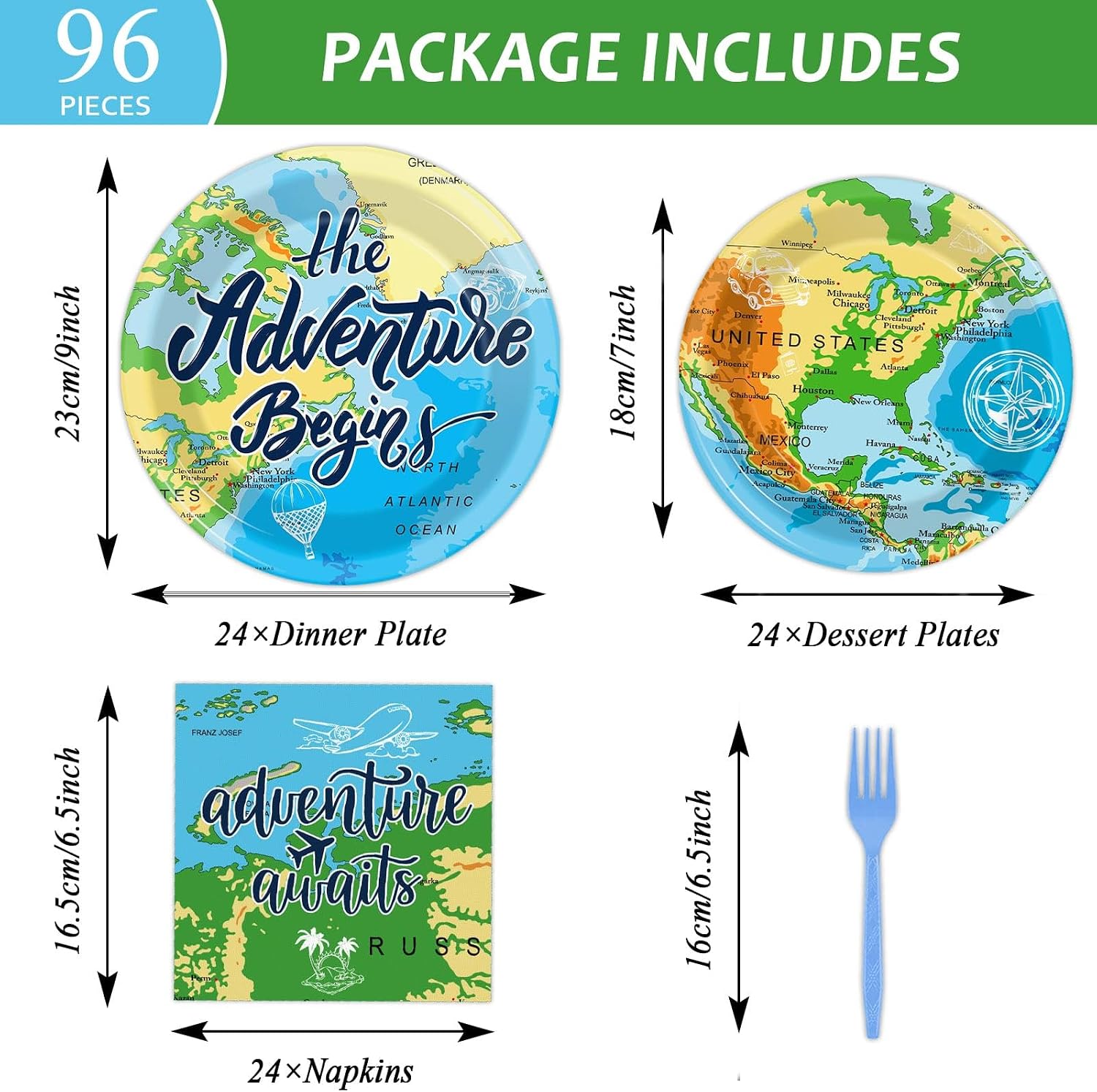 Wiooffen 96 Pcs Adventure Awaits Party Supplies Travel Map Birthday Plates Napkins Forks for Birthday Retirement Going Away Bon Voyage Paper Tableware Set Adventure World Party Decorations 24 Guests