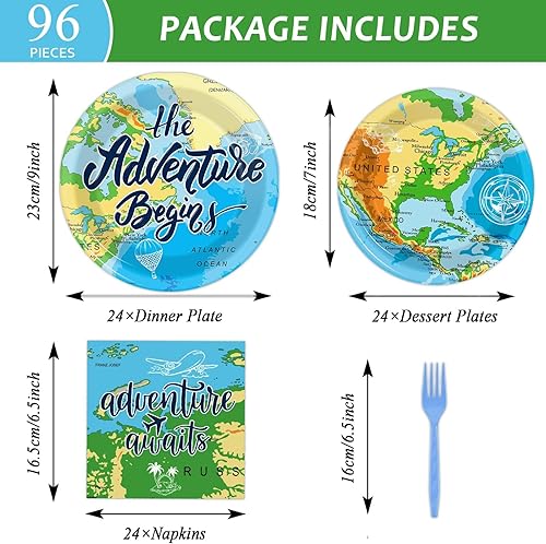 Miniatura 2 de Wiooffen 96 piezas de suministros de fiesta Adventure Awaits - Platos de viaje, platos de fiesta, servilletas, tenedores para cumpleaños,