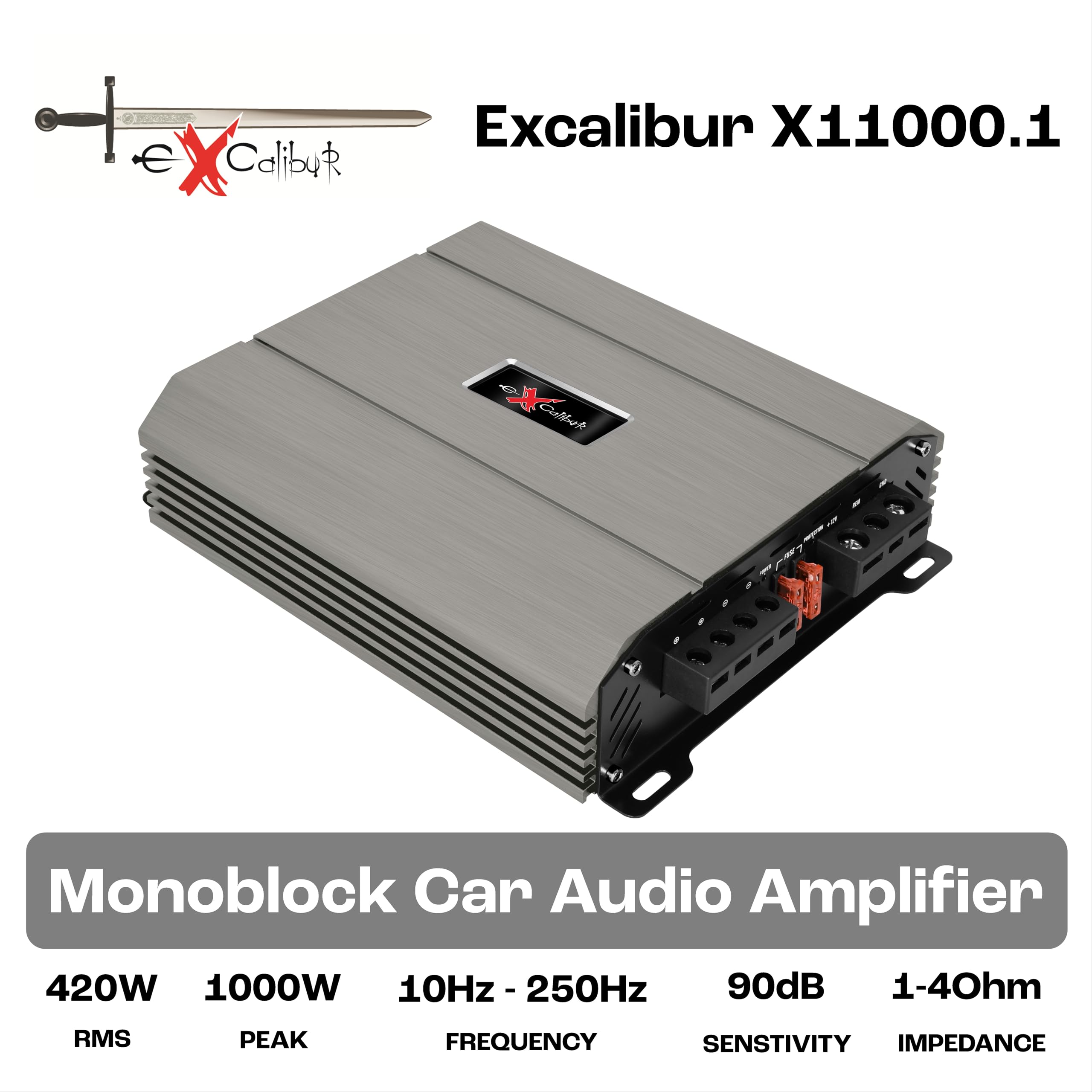 Excalibur X11000.1 Mono Amplificatore Auto Subwoofer Monocanale 1500W, Bass Boost 0-12 dB, Crossover HPF-Full-LPF, Potenza 4Ω 420W, 2Ω 720W, 1Ω 1000W, Nuova Serie 2025, Installazione Facile