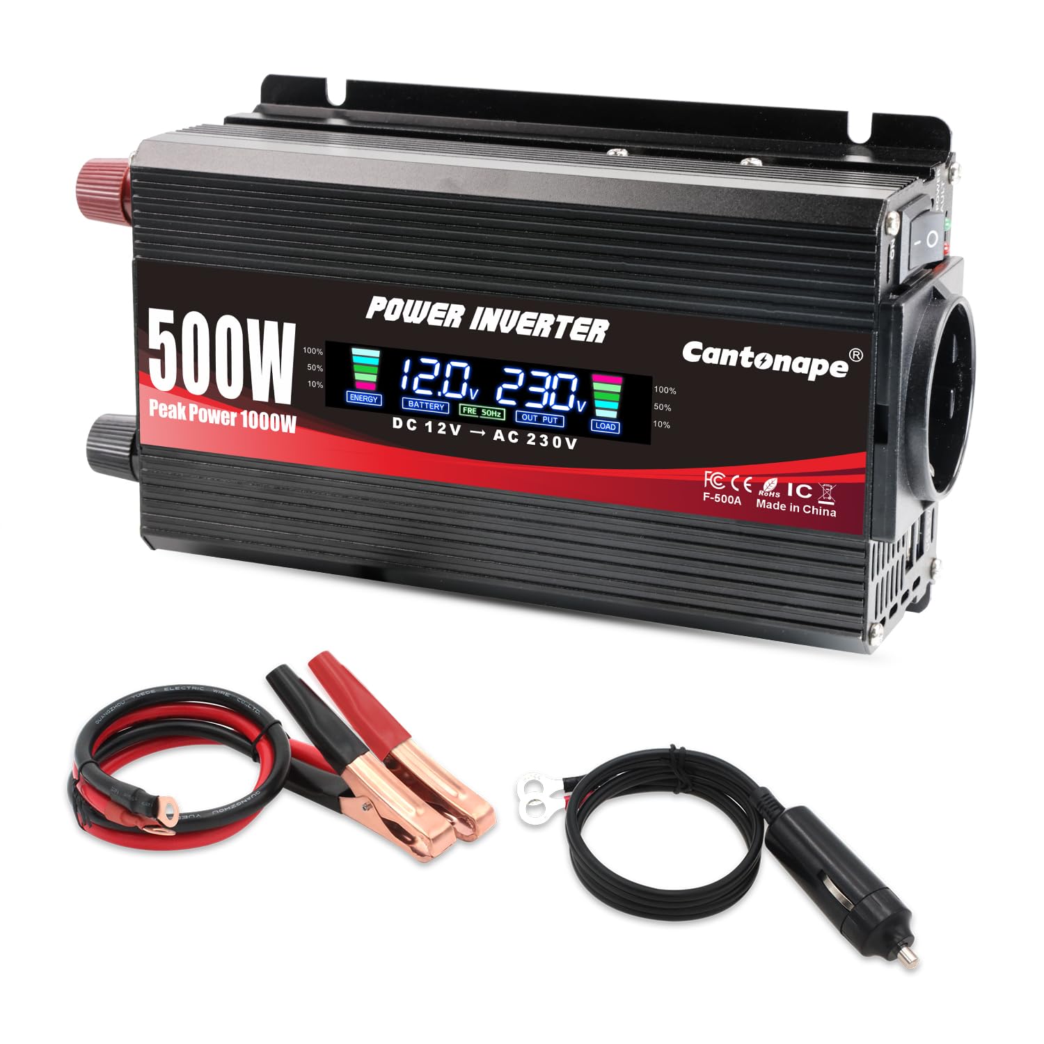 Cantonape 500W/1000W Inversor de Corriente Portatil DC 12V a AC 220V 230V con Pantalla LCD Monitor, 2USB, EU sockets para Coche, Caravana, Barco, cámpin