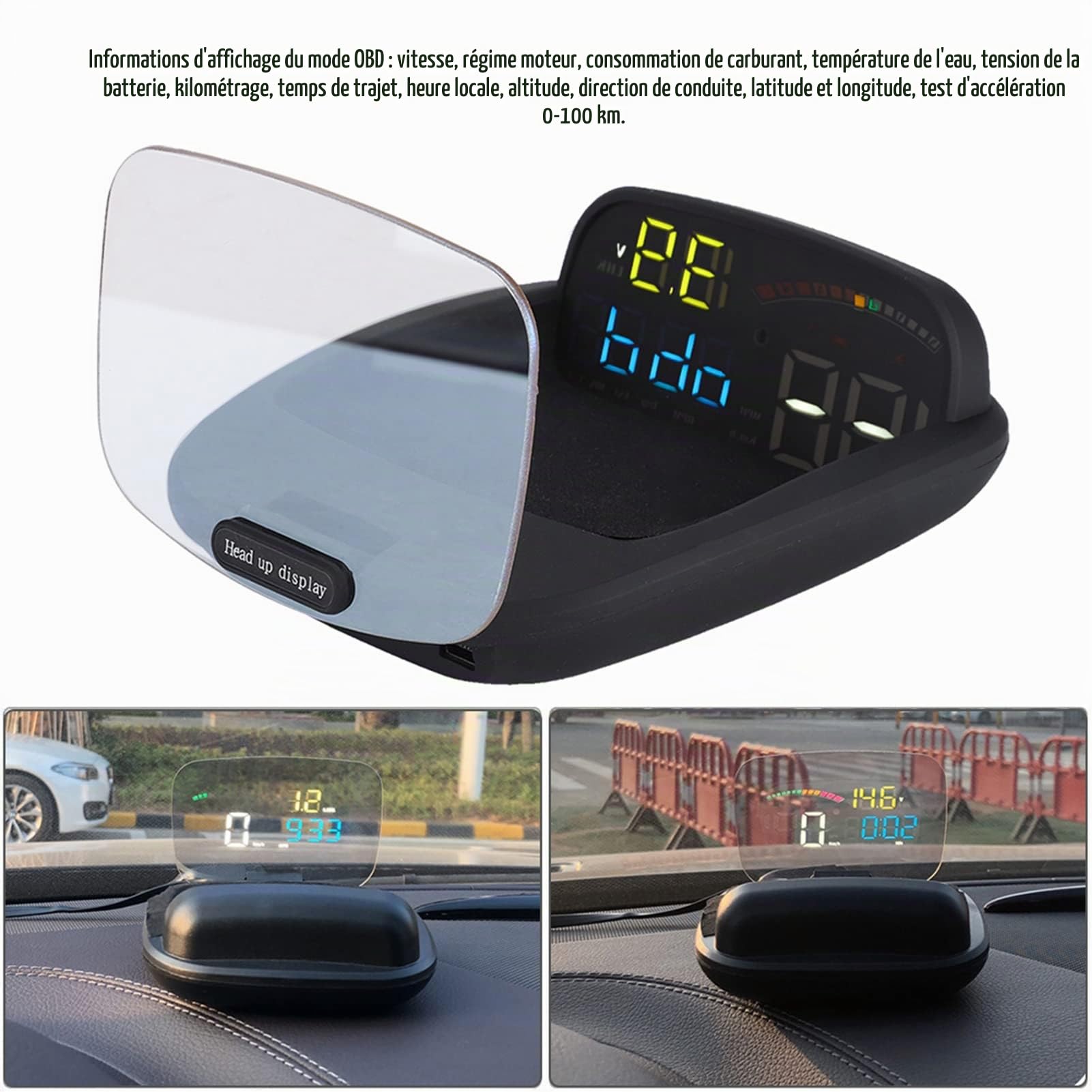 Dioche Affichage Tête Haute Voiture, Affichage Tête Haute Grand écran Adapté à l'affichage Tête Haute de Voiture à Double Système GPS (11 V-18 V)