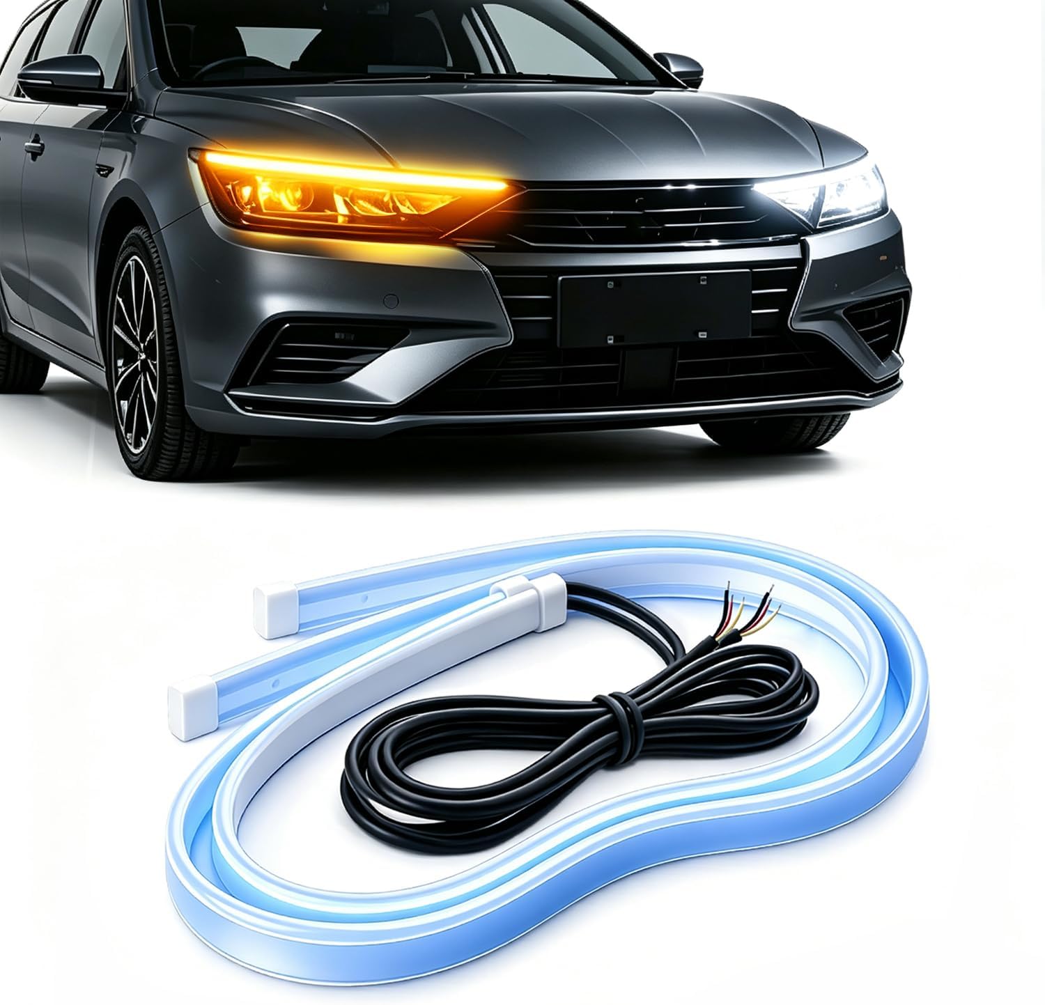 Qasim QasimLed 2-Pack 60cm White&Yellow Cars DRL LED Daytime Running Lights Auto Flowing Turn Signal Guide Strip Headlight Assembly Waterproof