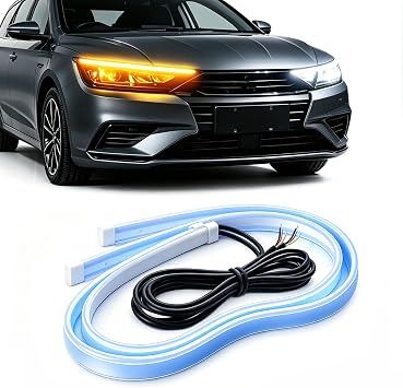 QasimLed 2-Pack 45cm Flexible Car DRL LED Strip Daytime Running Lights with Sequential Guide Turning Signal Light for Headlight Waterproof White&Yellow [Energy Class A]