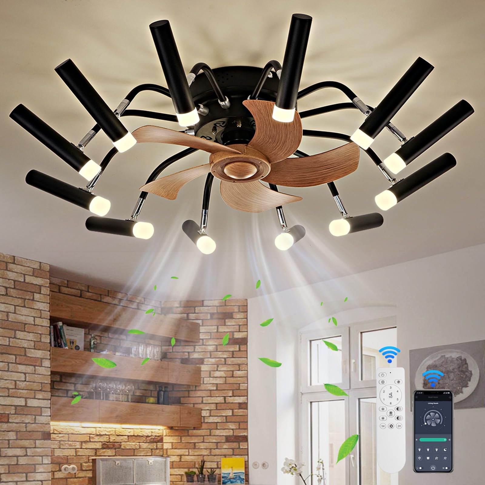 BRUTIRZI Ceiling Fan with Lights,25.6''Modern Firework Ceiling Fan, Dimmable, Shape-Adjustable bladeless Ceiling Fans, Suitable for Living Room Bedroom Kitchen
