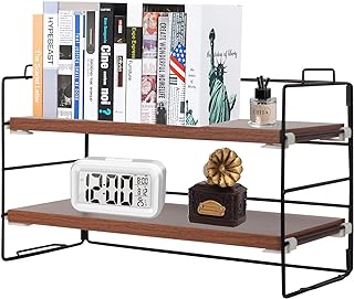 powerking Desk Shelf Organiser, 2 Tier Black Painted Metal Frame and Dark Teak Wooden Board Desktop Shelves, Multipurpose Display Bookcase Storage Rack for Table, Office and Reading Room