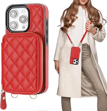 Bocasal Crossbody Wallet Case for iPhone 15 Pro, RFID Blocking PU Leather Zipper Handbag Purse Flip Cover, Kickstand Folio Case with Card Slots Holder Wrist Strap Lanyard 5G 6.1 Inch Red