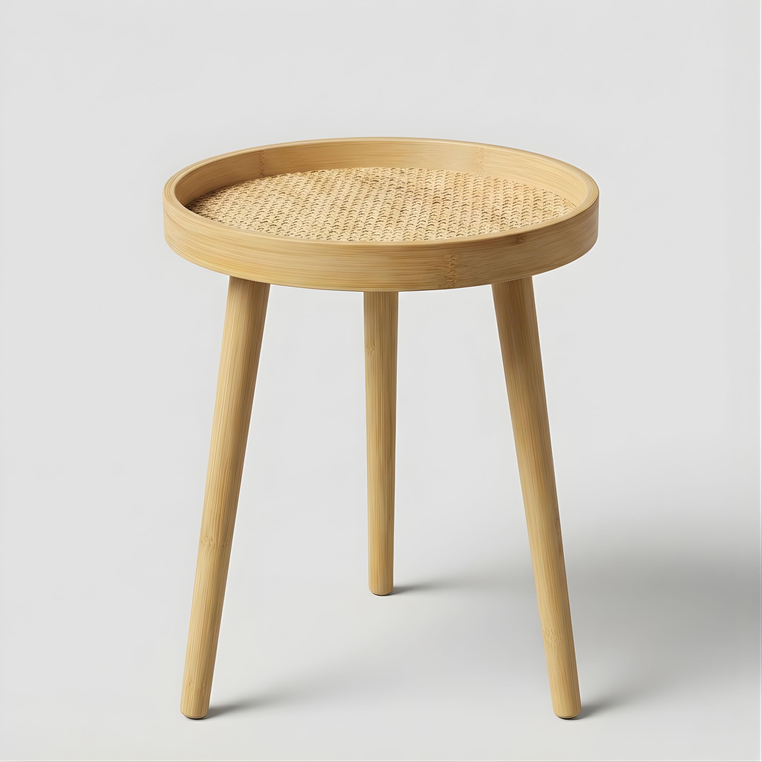 GBS Round Bamboo Rattan Side Table Outdoor & Indoor - Boho Small Round Side Table with Woven Rattan Tray Top, Natural Bamboo Legs - Living Room Table (40 x 40 x 48 cm)