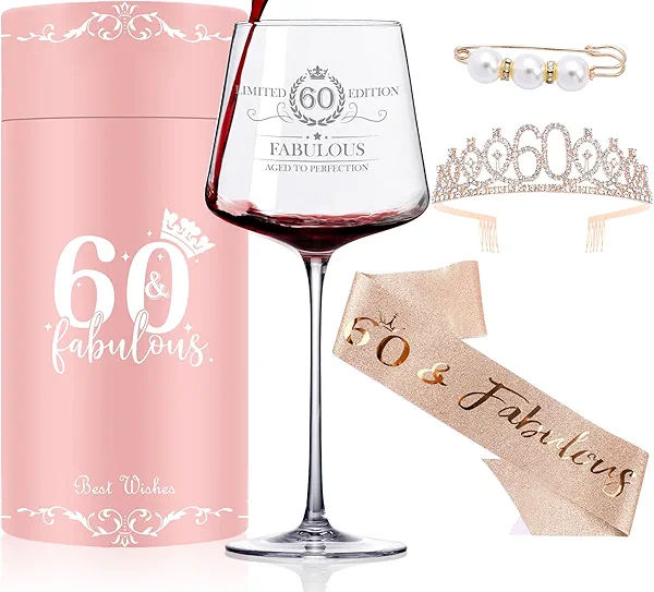 Cyrelwing 60TH Birthday Gifts for Women,Vintage Engraved 60th Wine Glass,60 Year Old Birthday Decorations For Her,60&Fabulous Sash and Tiara For Women,Friends,Sister-Turning 60th Party Favor Supplies