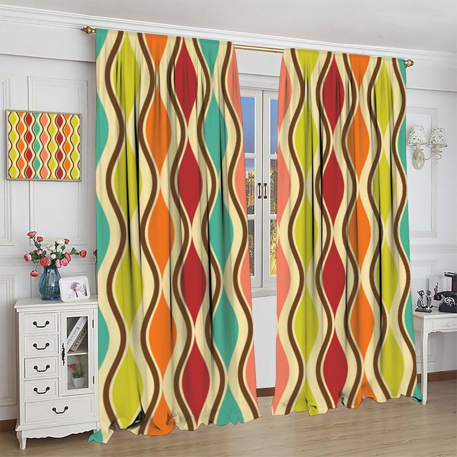 Mid Century Geometric Retro Window Curtains,Brown,Yellow,Red and Cream,Vintage 70s Abstract Window Treatments for Bedroom Living Room Décor Drapes 2 Panel Sets Total Size 42" x 63"