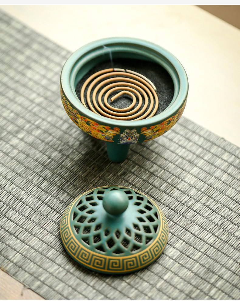 Amazon｜丸香炉 香皿 渦巻き 鳳凰 古風 陶器 三足 琺瑯工芸 グリーン
