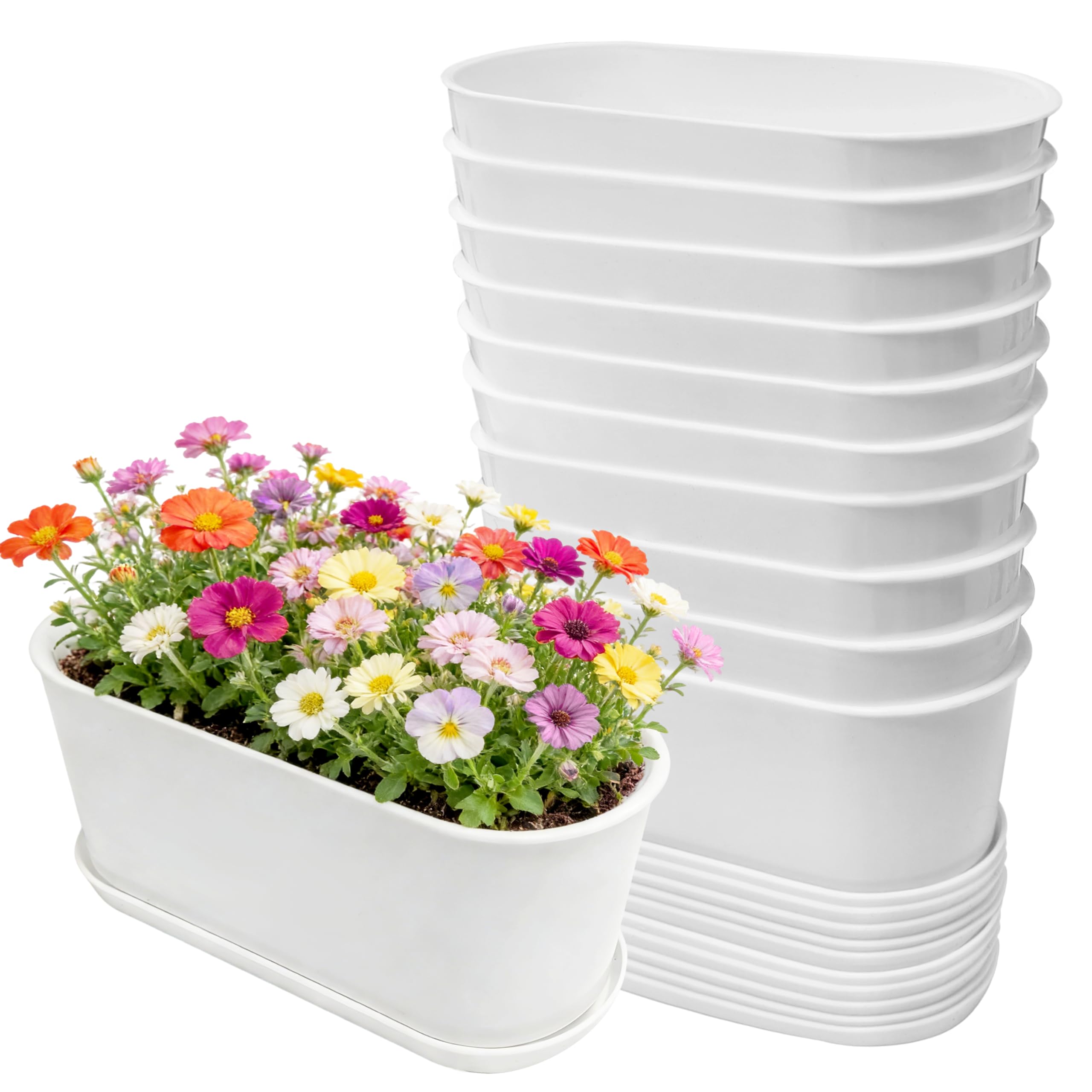 10-Pack White Herb Planter Box with Drip Trays, 8.5 Inch Small Oval Window Planters