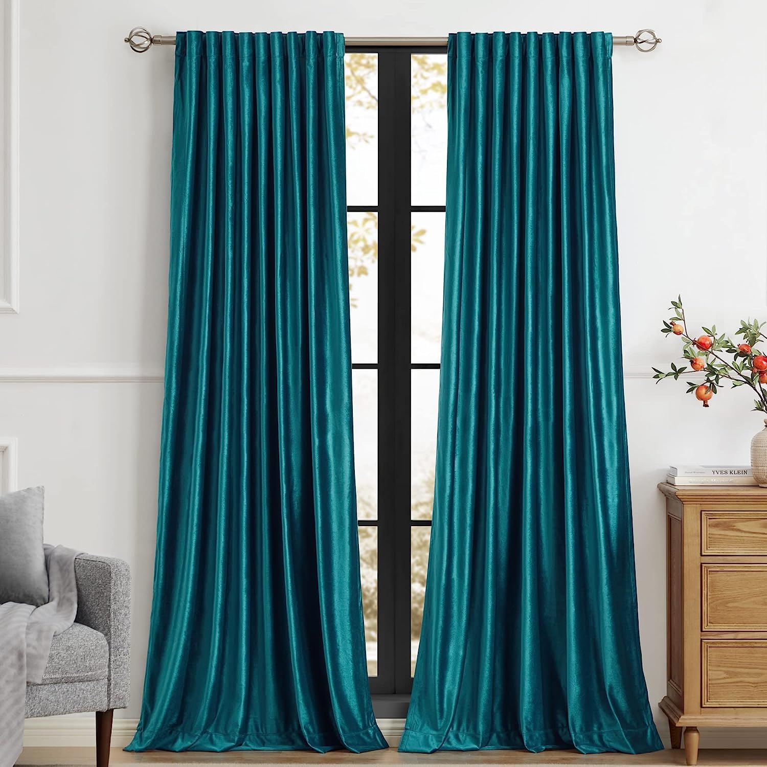 PRIMROSE Teal Velvet Curtains 72 inch Long for Living Room,Set of 2 Panels Blackout Rod Pocket Back Tab Window Treatment Room Darkening Heavy