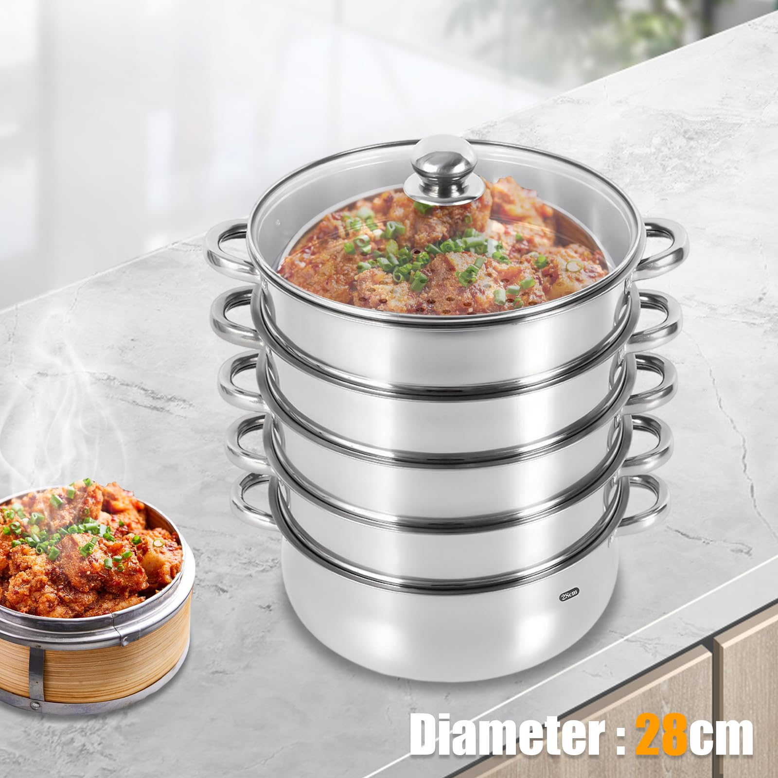 Hervidor de vapor de acero inoxidable de 5 capas, con tapa de cristal, olla a presión para cocina y cocina de inducción (28 cm)