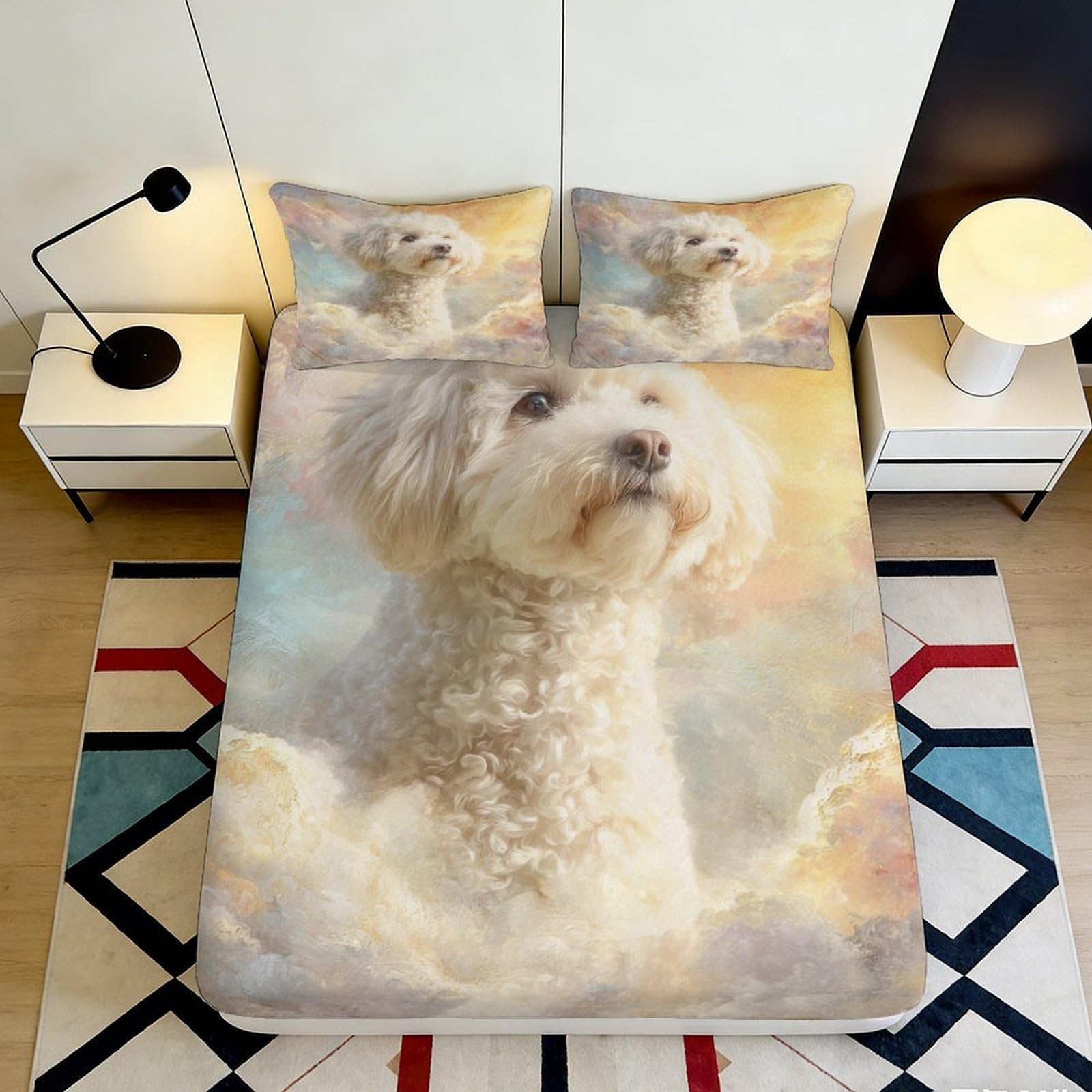 3D Printed White Poodle Fitted Sheet Microfiber Soft Durable Curly Dog Bed Sheet Mattress Cover for Bedroom Dormitory Guest Room Mattress Protection Decor 160x200x25cm