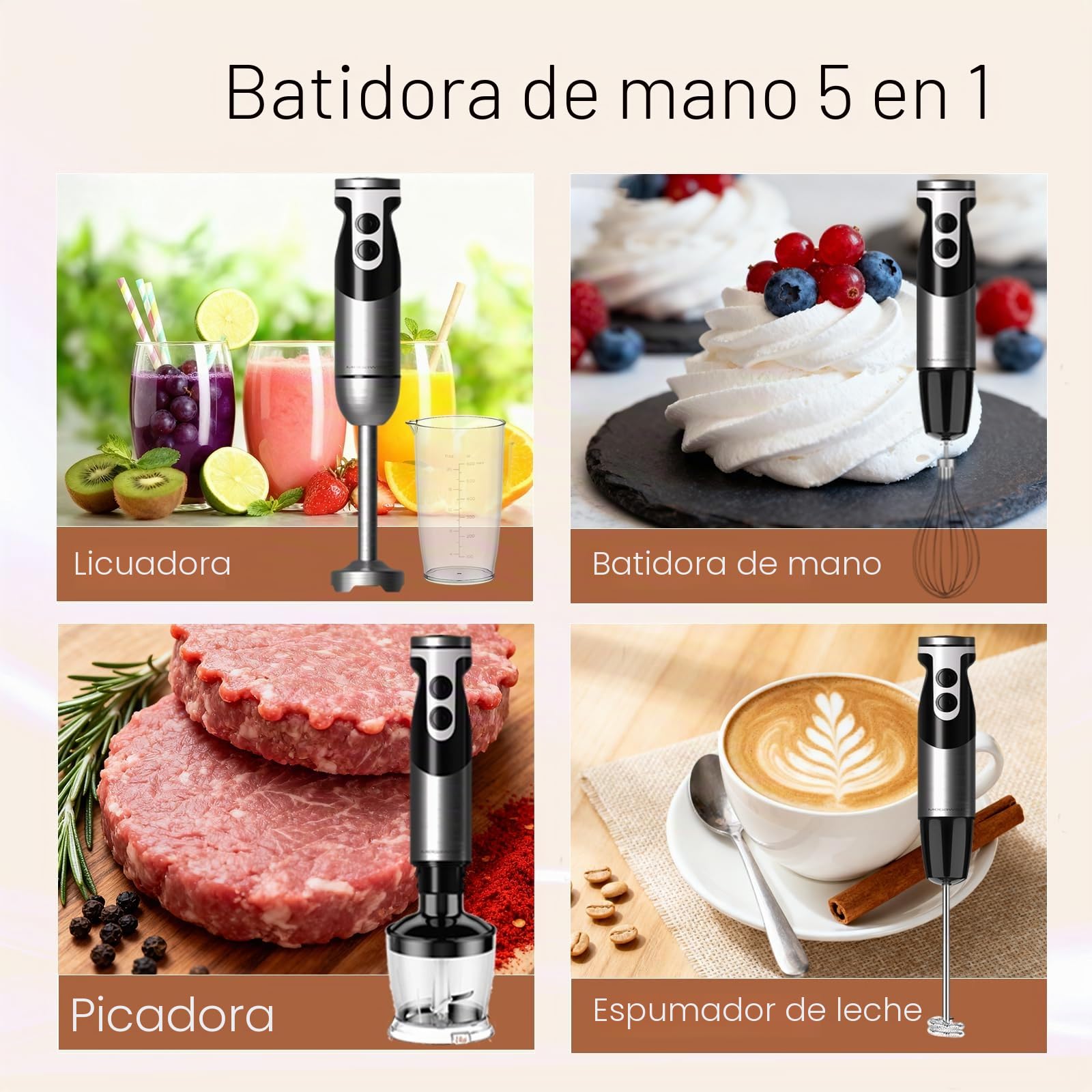 Mezcladora portátil sumergida de cinco en uno mejorada por megawise pro titanium, potente motor de cobre con un 80% de cuchillas afiladas, mezcladora de cuerda de 12 velocidades (negra)