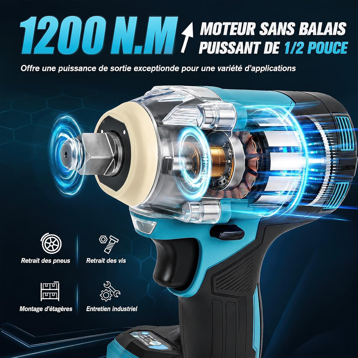 Clé à Chocs Sans Fil 1200N.m, Boulonneuse a Choc Electrique 1/2" | 2 batteries, Boulonneuse, 21V 3 en 1 Visseuse à Chocs, lumière LED, 5 Douilles à Chocs, 6700 RPM, pour Maison/Voiture/DIY