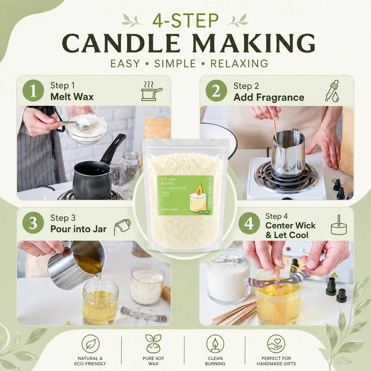 Panoata 5lb Natural Soy Wax Pellets – Smooth Melting, Clean-Burning Wax for DIY Candle Making, Low Soot, Eco-Friendly Resealable Bag