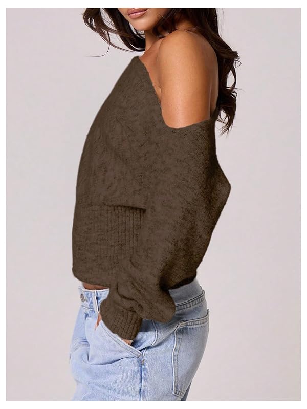Milumia Women's Off The Shoulder Sweater Long Sleeve Cinched Waist Fall Knit Tops Knitwear Brown Small by Milumia - Image 4