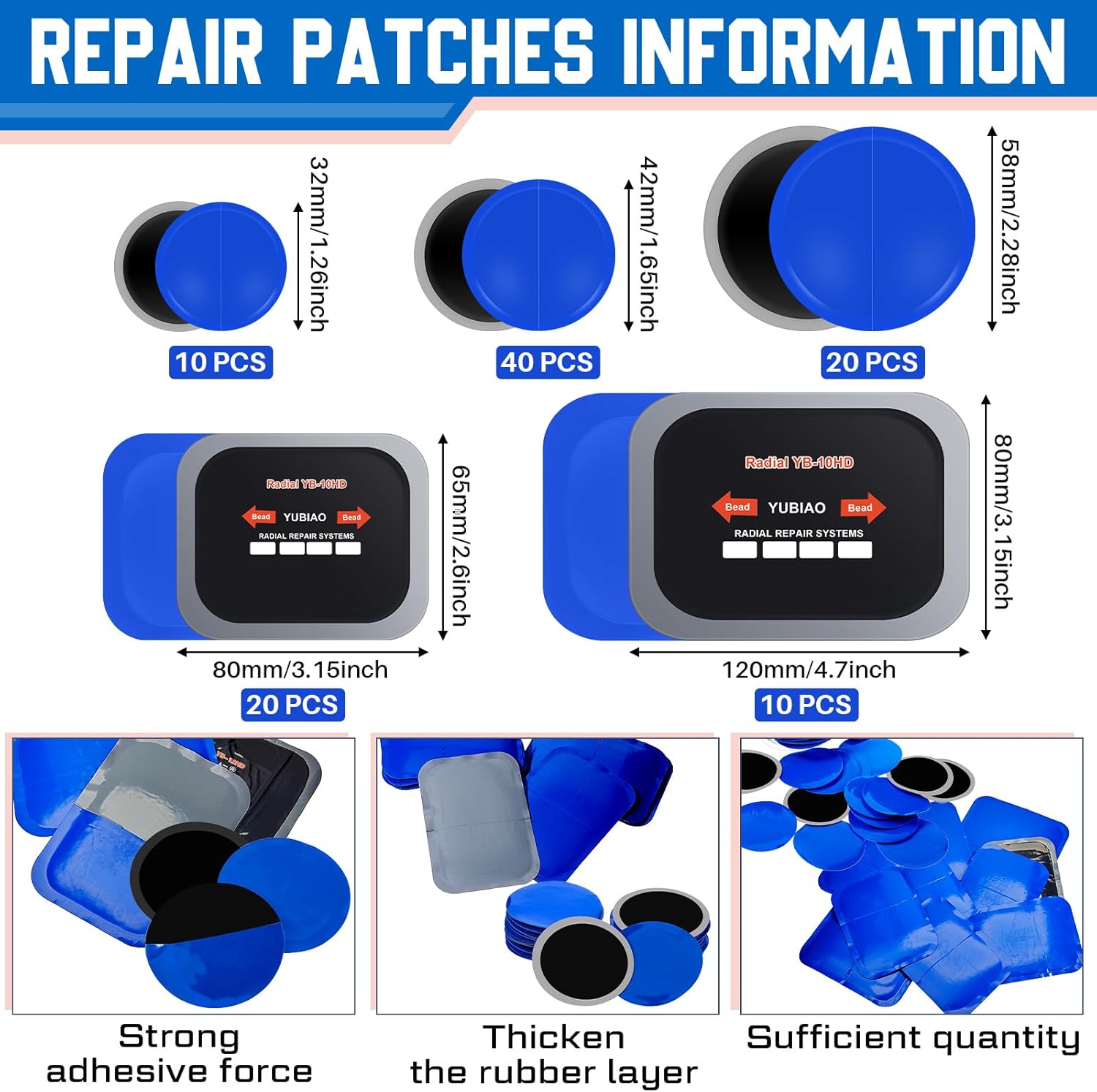 Tallew 100 Pcs Tire Patches 5 Sizes Rubber Radial Tire Repair Patch Plug Kit Heavy Duty Emergency Repair Tool for Puncture Car Truck Bus Tractor Vehicle Motorcycle 32, 42, 58, 65x80, 85x120 mm
